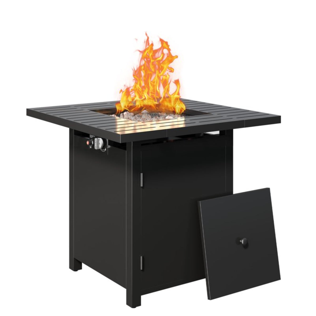 30”Width  Outdoor 2-in1 Black Powder Coated Fireplace Table, 50000 BTU CSA Certified Propane Square Gas Fire Pit Table with Stainless Burner, Lid, Lava Rocks and Waterproof Cover