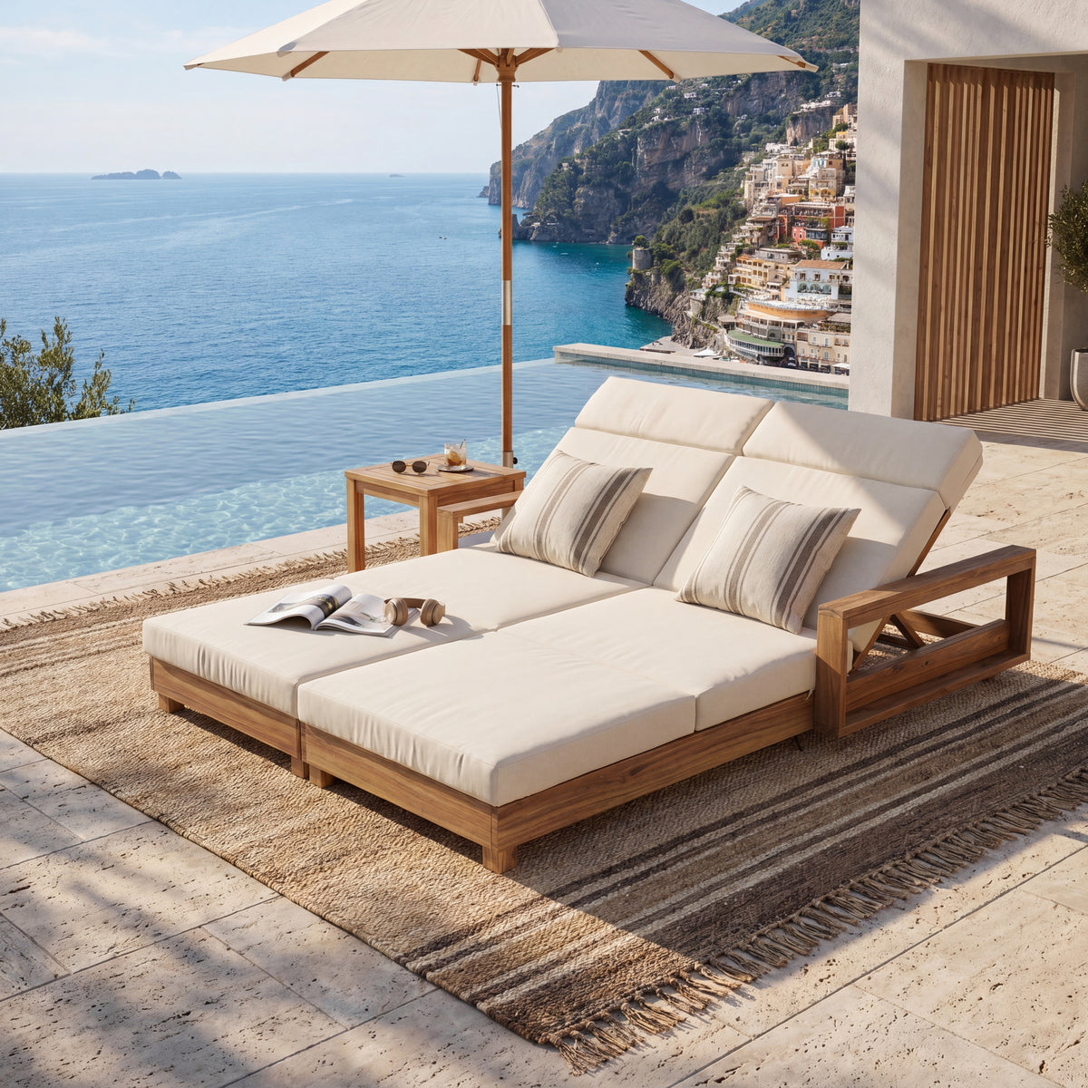 Double Acacia Wood Chaise Lounge Set, 1 Double Recliner with 2 Pieces 4-Fold Beige Cushions with Headrest, 4-Position Adjustable Backrests, 800 LBS Capacity for Patio Pool Backyard