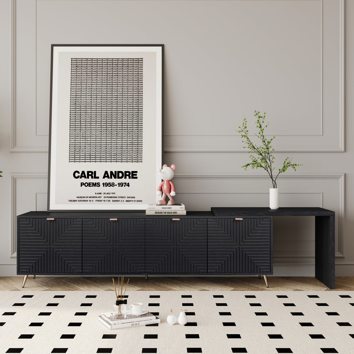 70'-90' Extendable TV Cabinet, Modern Entertainment Center with Storage and Adjustable Shelves, Lacquered and Real Wood Veneered TV Console for Living Room, Hallway, Entryway, Black