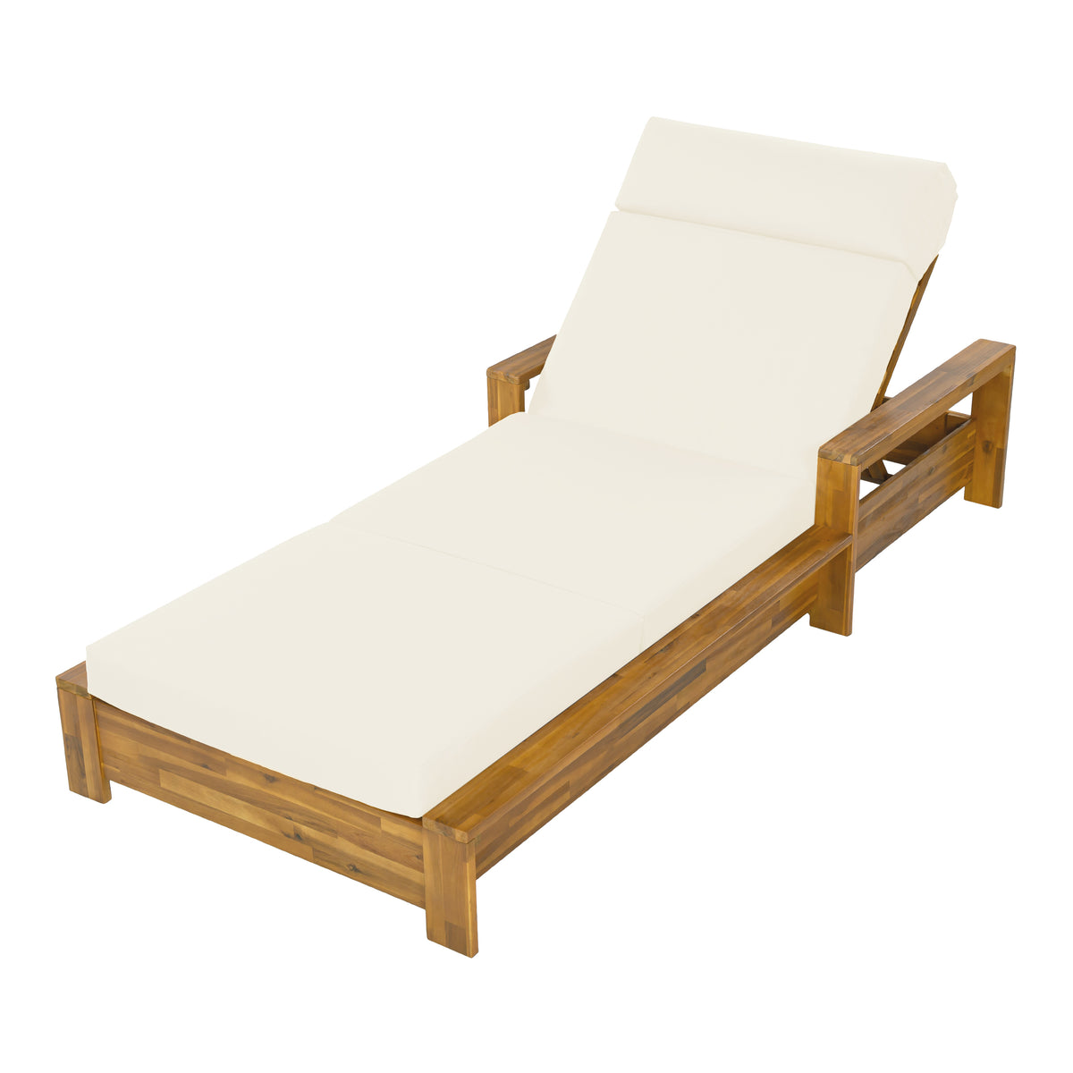 Acacia Wood Chaise Lounge Set with Beige 4-Fold Cushion and Built-In Headrest, Teak Finish, 3-Position Adjustable, Water Resistant for Patio Pool