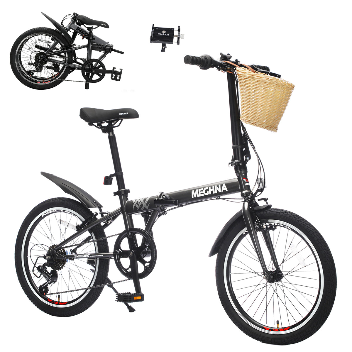 20 Inch Folding Bike for Adults with Basket, Phone Holder & Fenders, Steel Frame 6-Speed City Commuter, Dual V-Brake Portable Compact Bicycle for Men & Women
