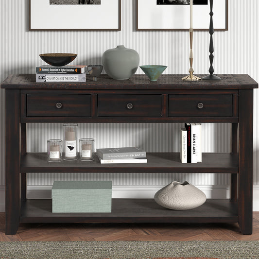 48'' Solid Pine Wood Top Console Table, Modern Entryway Sofa Side Table with 3 Storage Drawers and 2 Shelves. Easy to Assemble (Distressed Black)