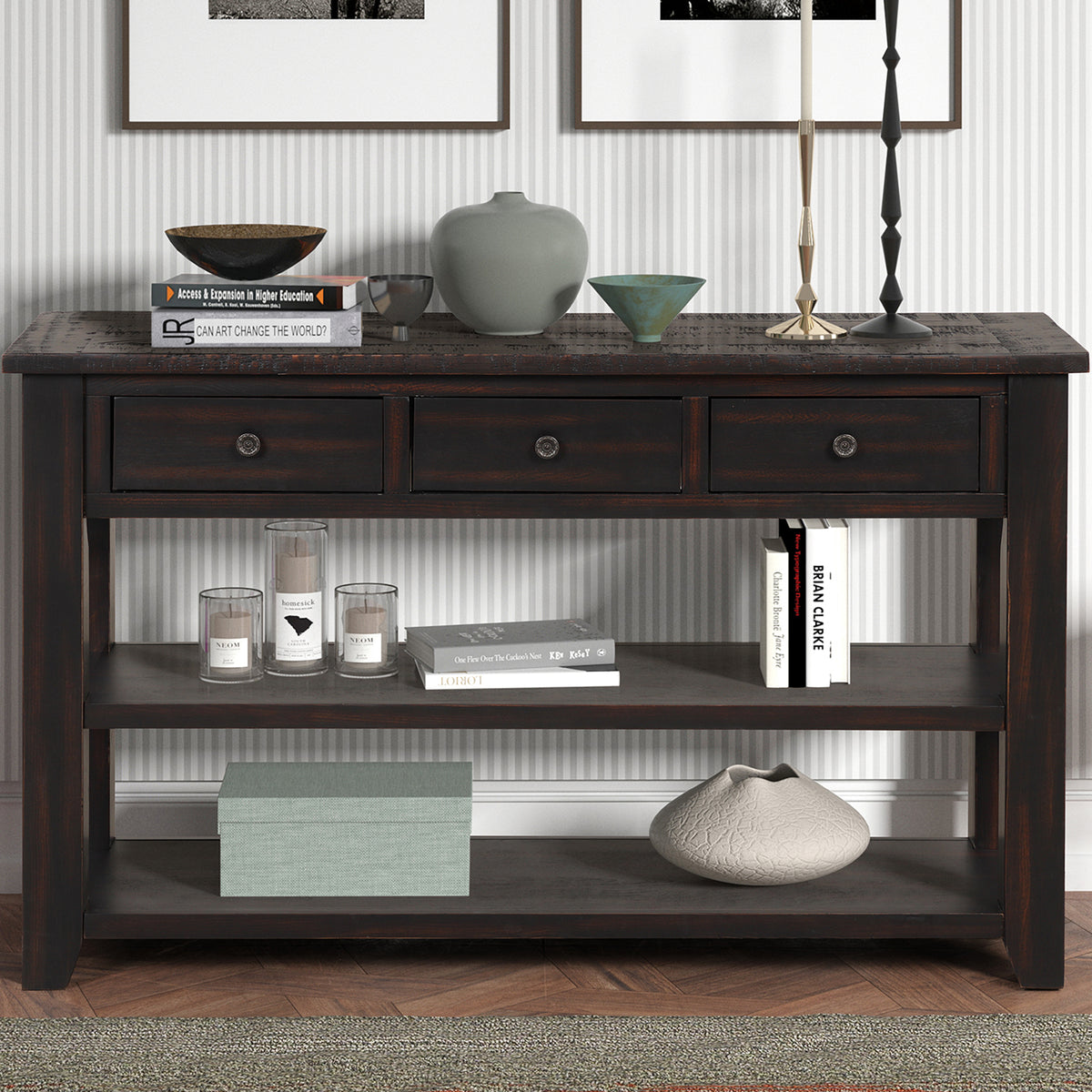 48'' Solid Pine Wood Top Console Table, Modern Entryway Sofa Side Table with 3 Storage Drawers and 2 Shelves. Easy to Assemble (Distressed Black)