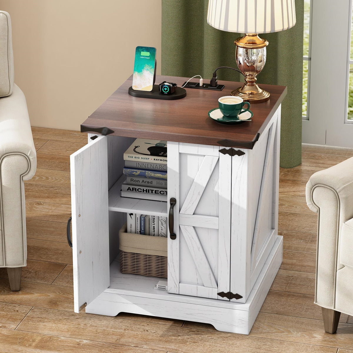 ON-TREND Farmhouse End Table with Charging Station, Rustic Wood Nightstand with Adjustable Shelf, 19.6'W Versatile Walnut Sofa Side Table with Barn Doors & Retro Hinges for Bedroom, Living Room, White