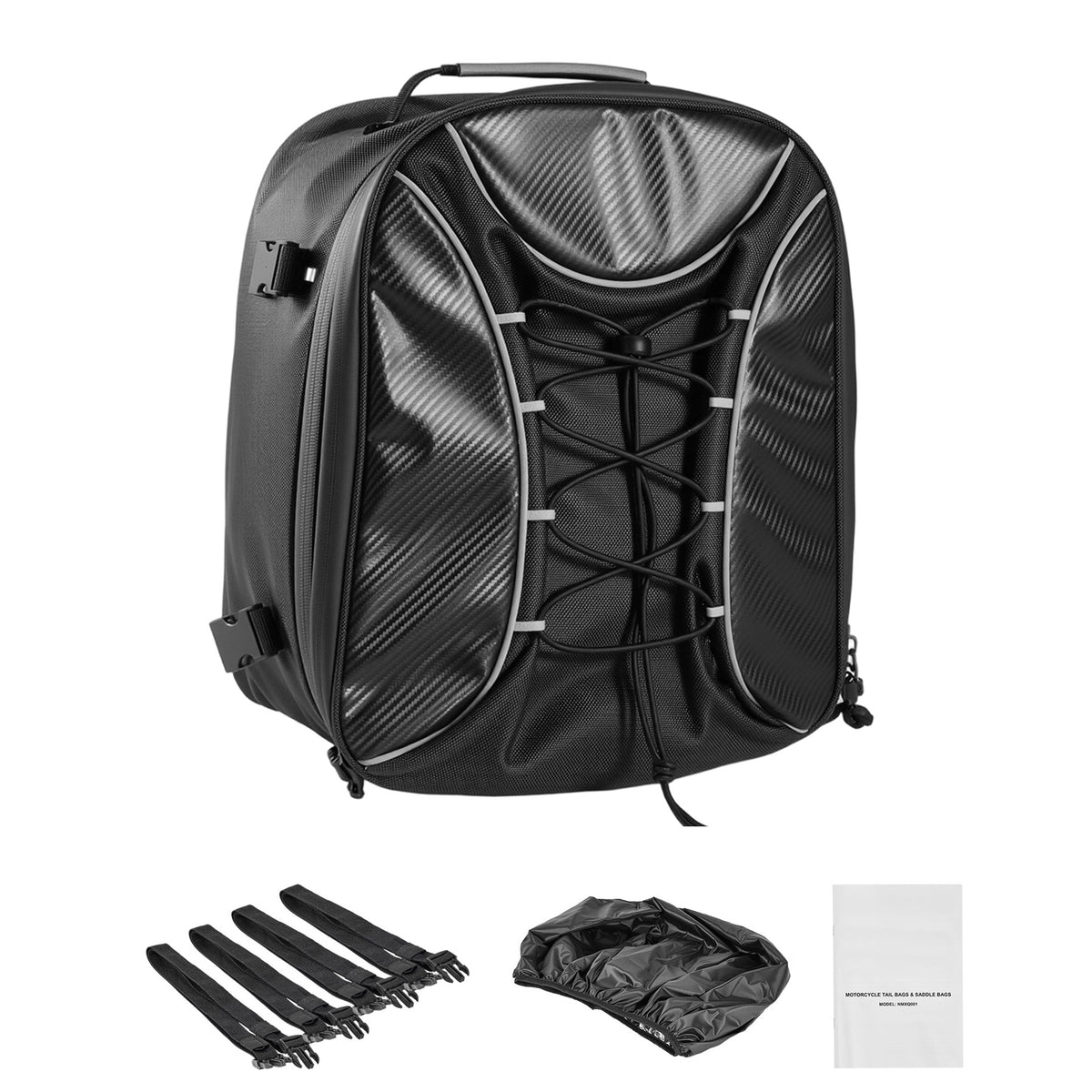 Motorcycle Tail Bag, 22-34 L Expandable Motorcycle Rear Seat Bag with Waterproof Rain Cover, Outdoor Sports Motorbike Luggage Storage Backpack Handbag with Straps, Pocket & Elastic Cord, Black
