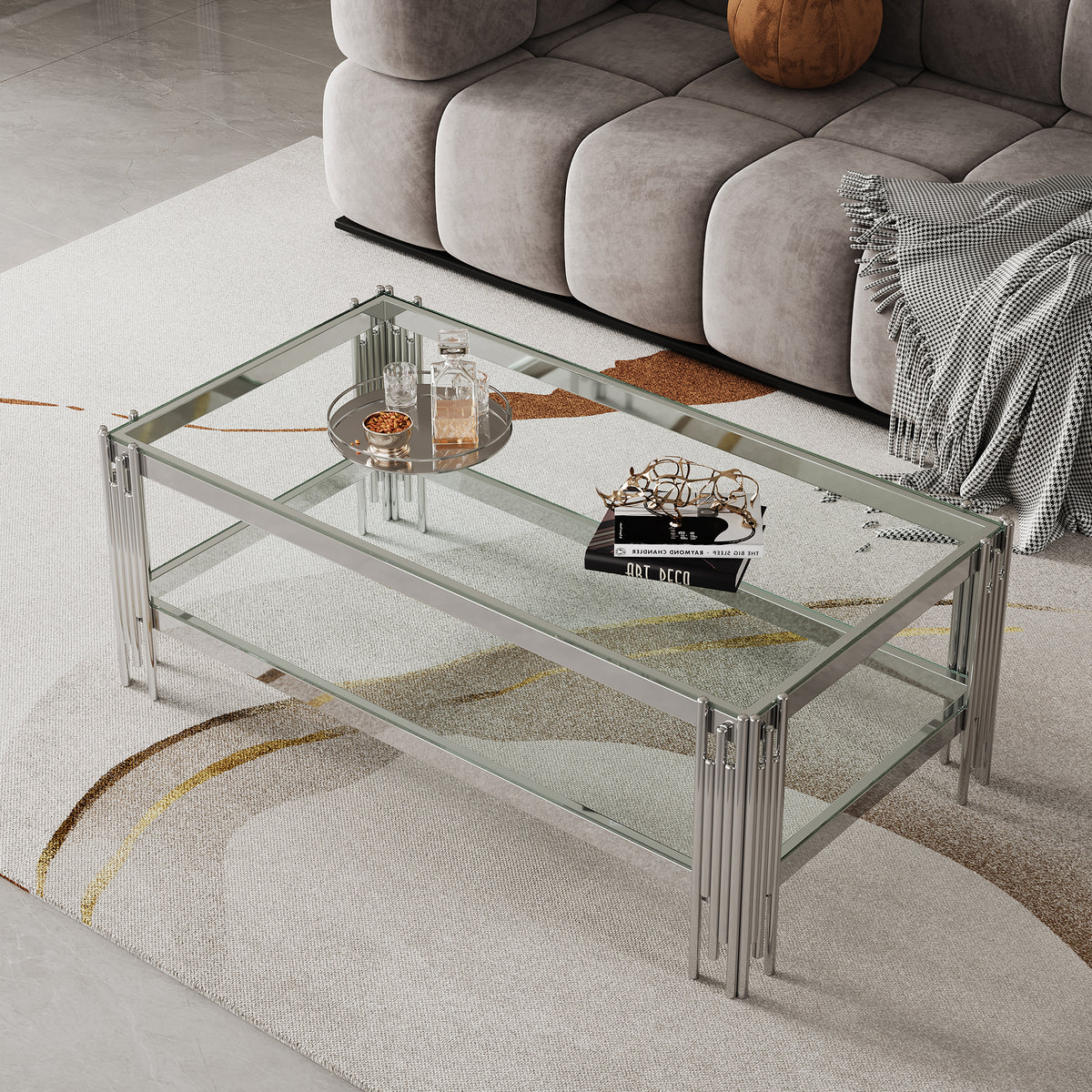 Top and Bottom Double Layer Tempered Glass Coffee Table and Mirror Finished Stainless Steel Frame