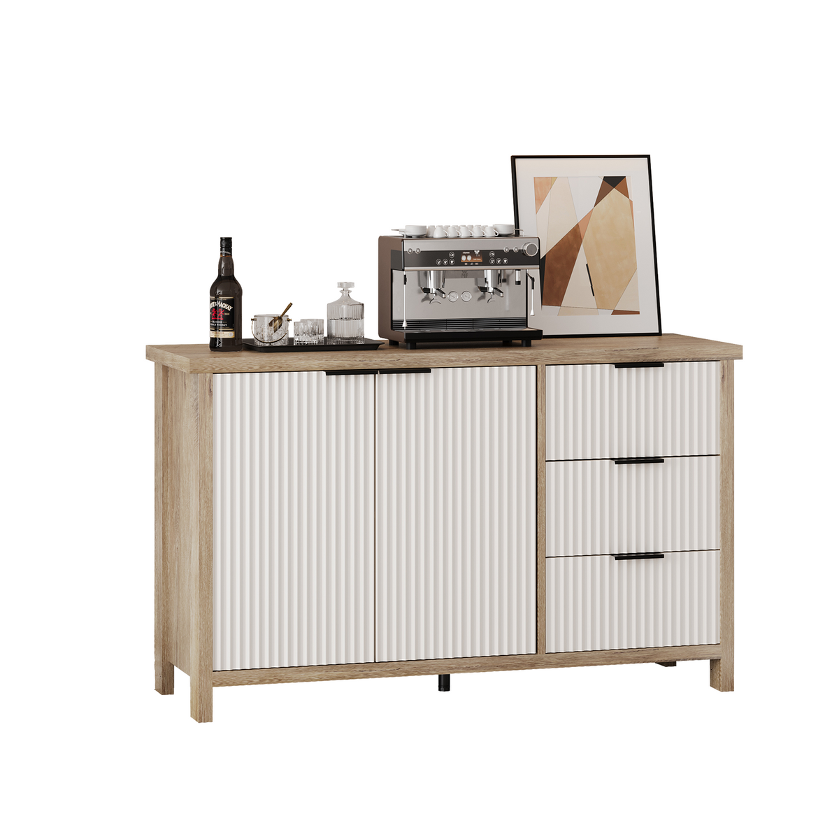 Fluted Storage Cabinet, Modern Console with 2 Doors & 3 Drawers, Faux Oak Top for Living Room/Entryway