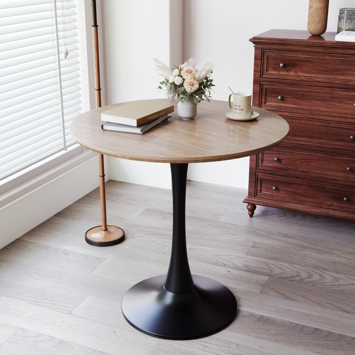 31.5' Walnut color Round Dining Table, Tulip Table Kitchen Dining Table 2-4 People with MDF Table Top & Pedestal Base, Mid-Century End Table Leisure Coffee Table Office Living Room Table