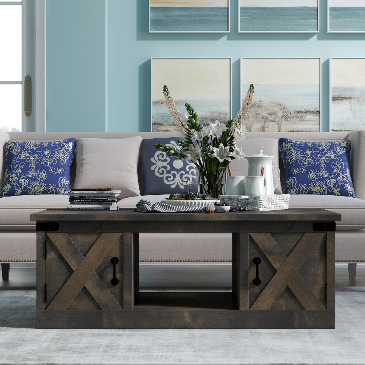 48 inch Coffee Table, No Assembly Required, Barnwood Finish