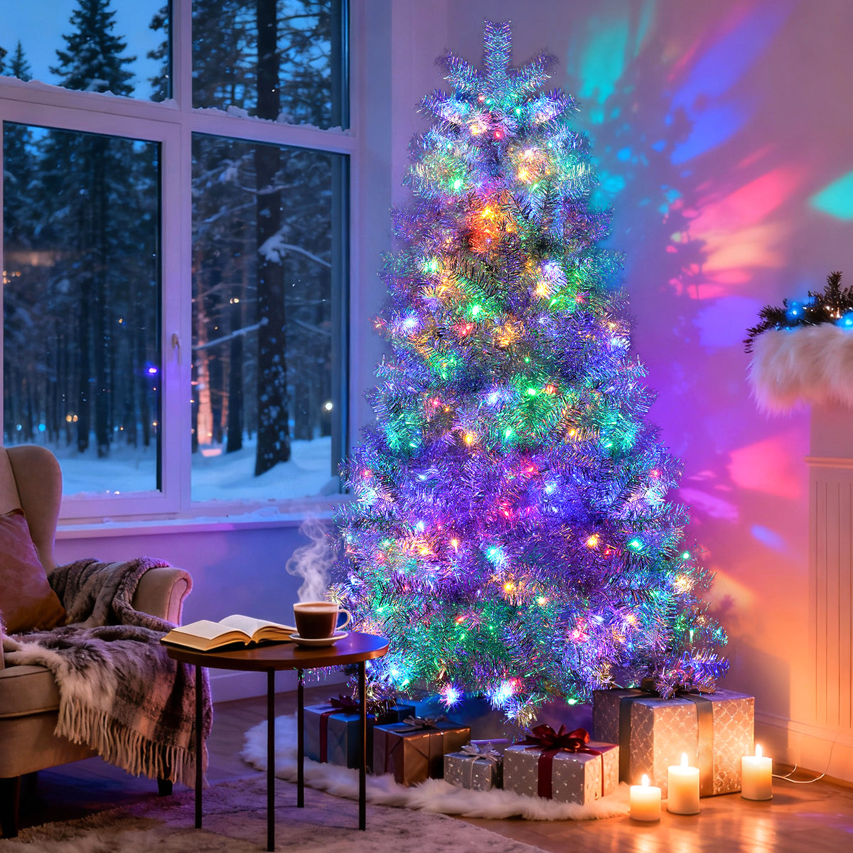 6FT Sliver Pre-Lit Artificial Christmas Tree, Hinged Full Tree with Metal Stand, 800 Branch Tips, 300 LED Lights,11 Lighting Modes, Holiday Decoration Tree for Indoor and Outdoor