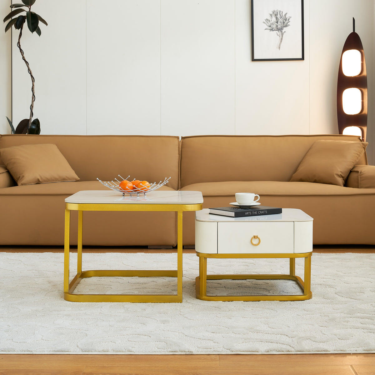 Modern Marble Nesting Table, Coffee Table Set of 2 End Table for Living Room,Stacking Side Tables, for Living Room Bedroom, Accent Tea Table with Metal Frame, Sturdy and Easy Assembly, Gold
