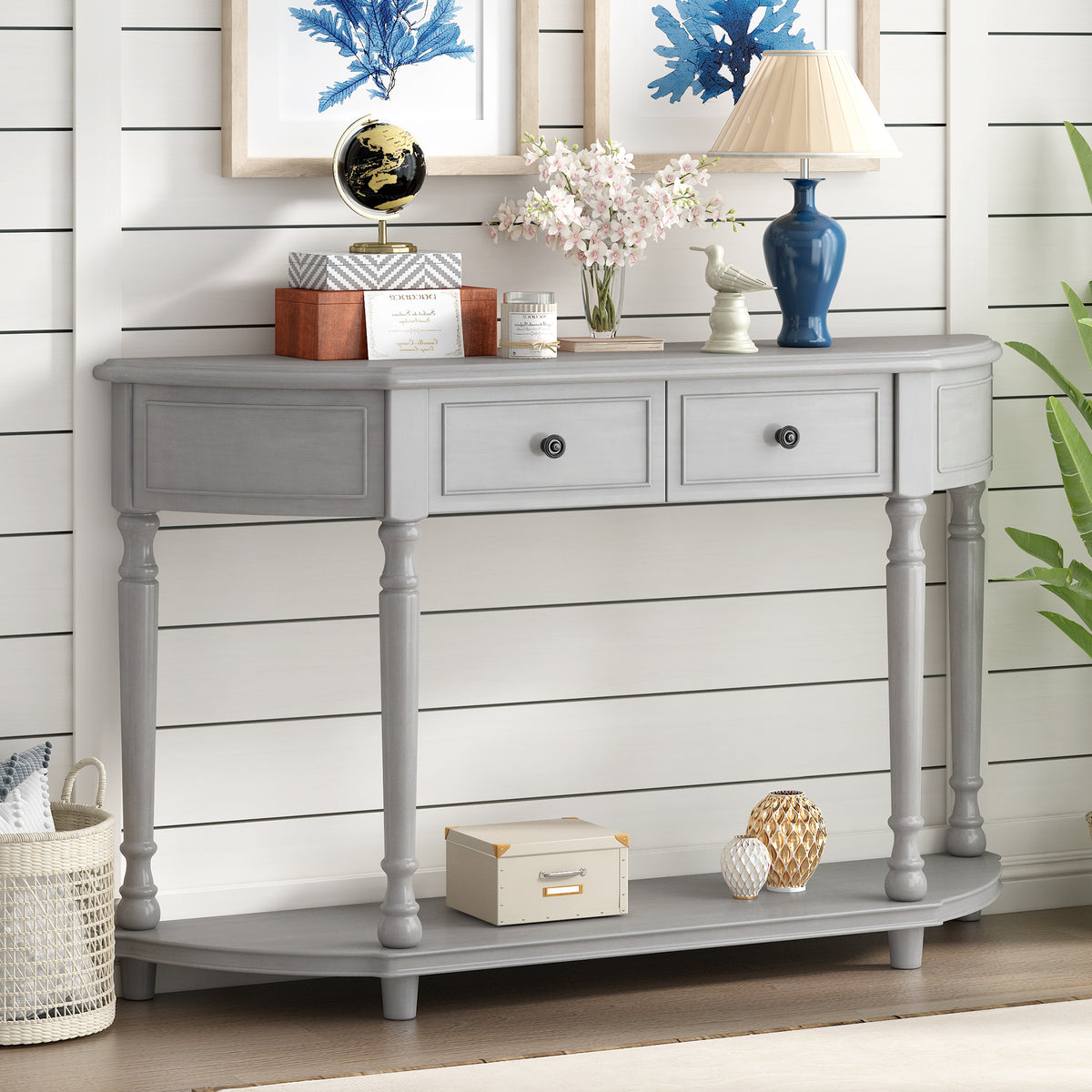 TREXM Retro Circular Curved Design Console Table with Open Style Shelf Solid Wooden Frame and Legs Two Top Drawers (Gray Wash, OLD SKU: WF298768AAE)
