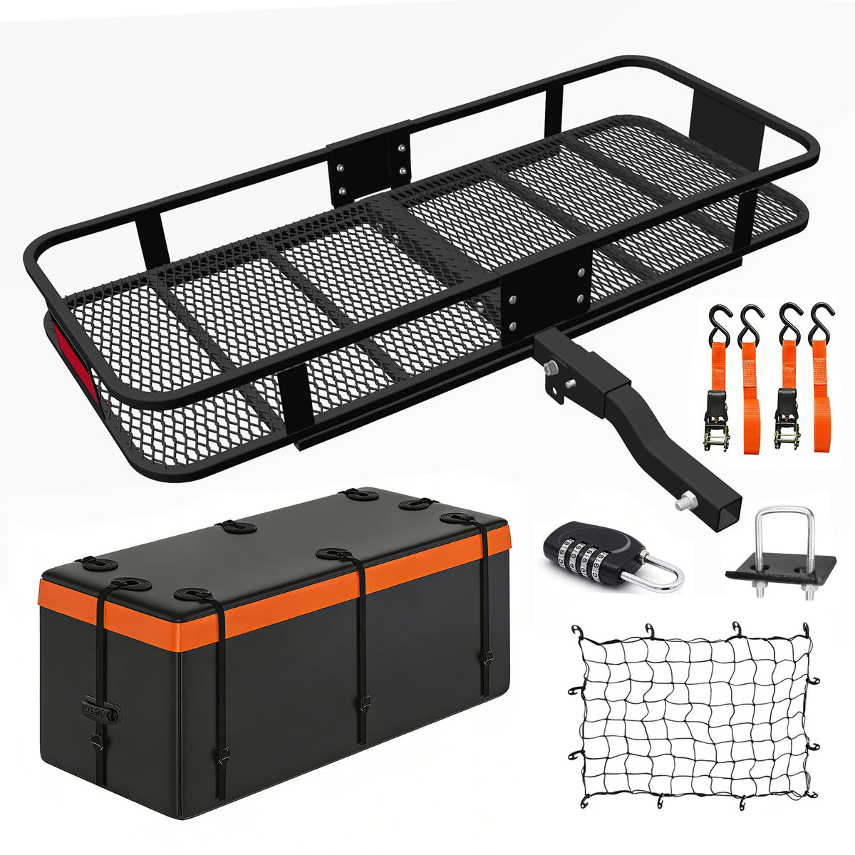 Heavy Duty Folding Hitch mount Cargo Carrier Load Capacity 500Lbs 60'(L)X 20'(W)X 6'(H) Trailer Fold up Luggage Basket with Stablizer Waterproof Bag Net Ratchet Straps Combination Lock for SUV Pickup