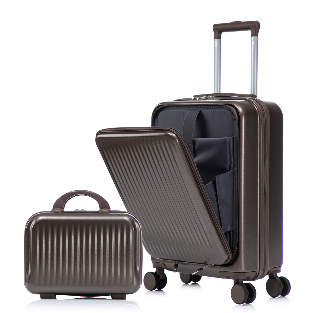 Brown ABS Spinner Luggage Set with Combination Lock, 14' Cosmetic Case, 20' Main Piece, 360° Silent Wheels, Compact Design