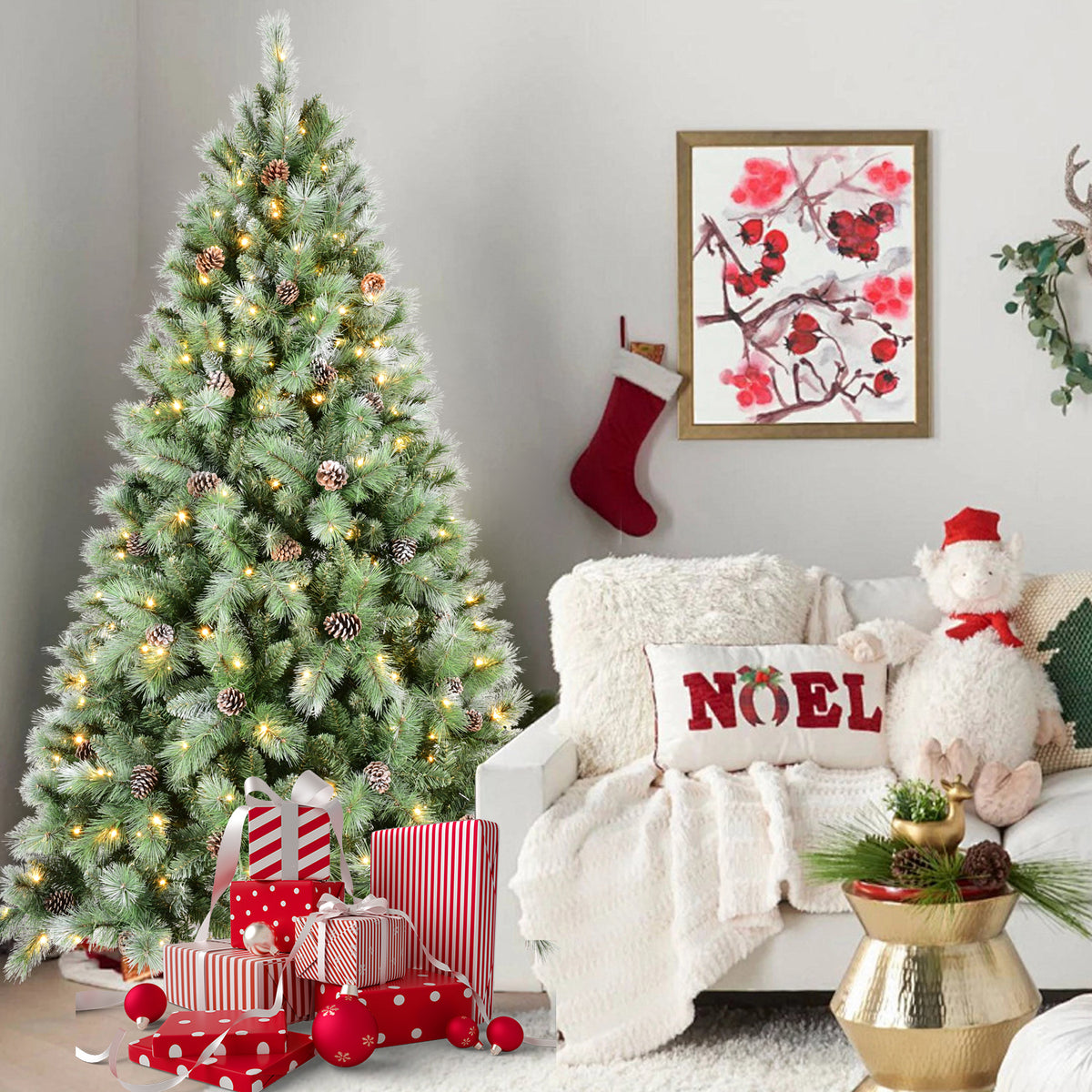 6FT Christmas Tree with 300 Warm White LED Lights – 988 PVC & Hard Needle Tips, 66 Pine Cones, Hinged Branch Design, Sturdy Metal Stand – Full Realistic Holiday Tree