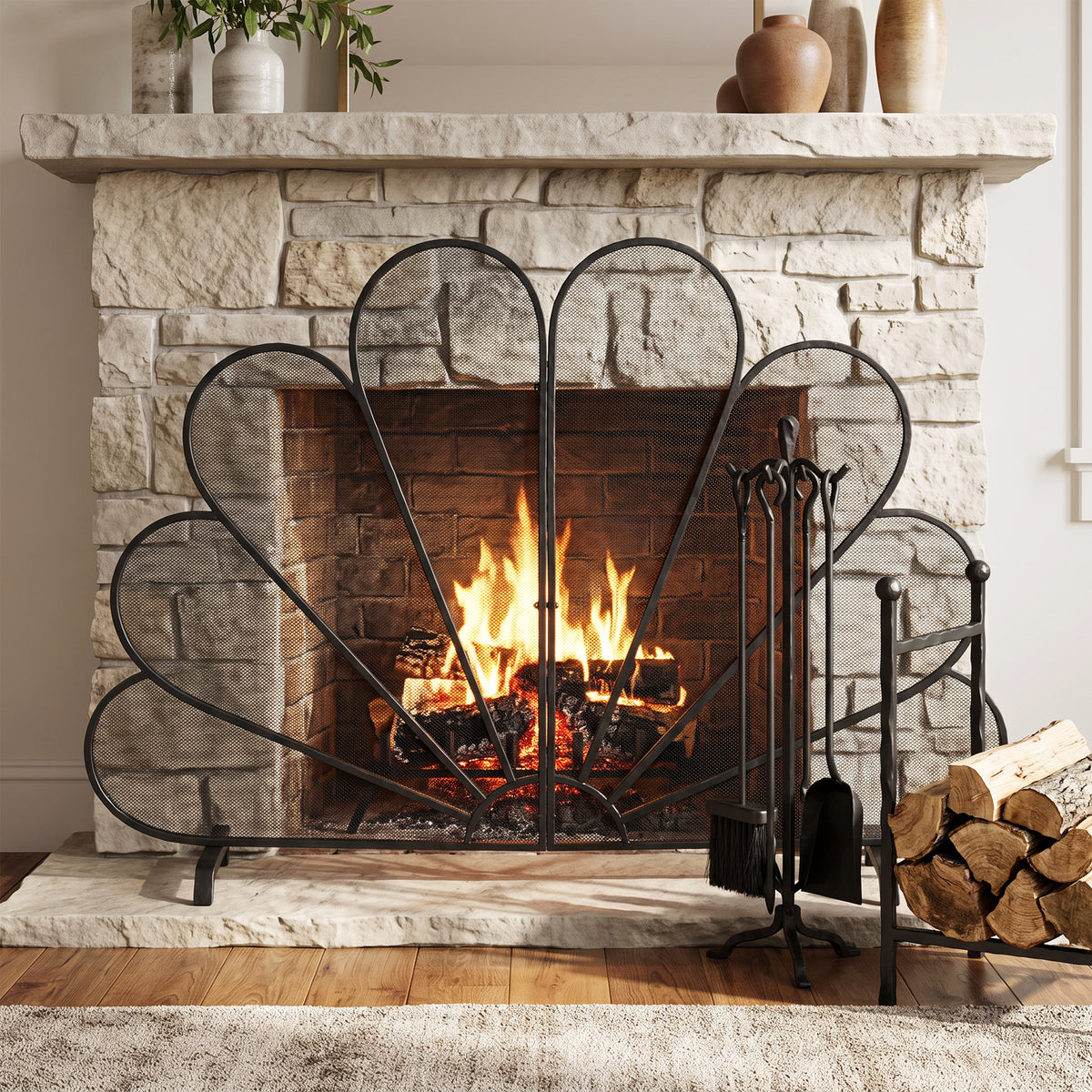 Black Peacock Fan‑Shaped Freestanding Fireplace Screen, 50' W x 35' H Heavy‑Duty Iron Mesh Single Panel Fire Spark Guard for Indoor Fireplace