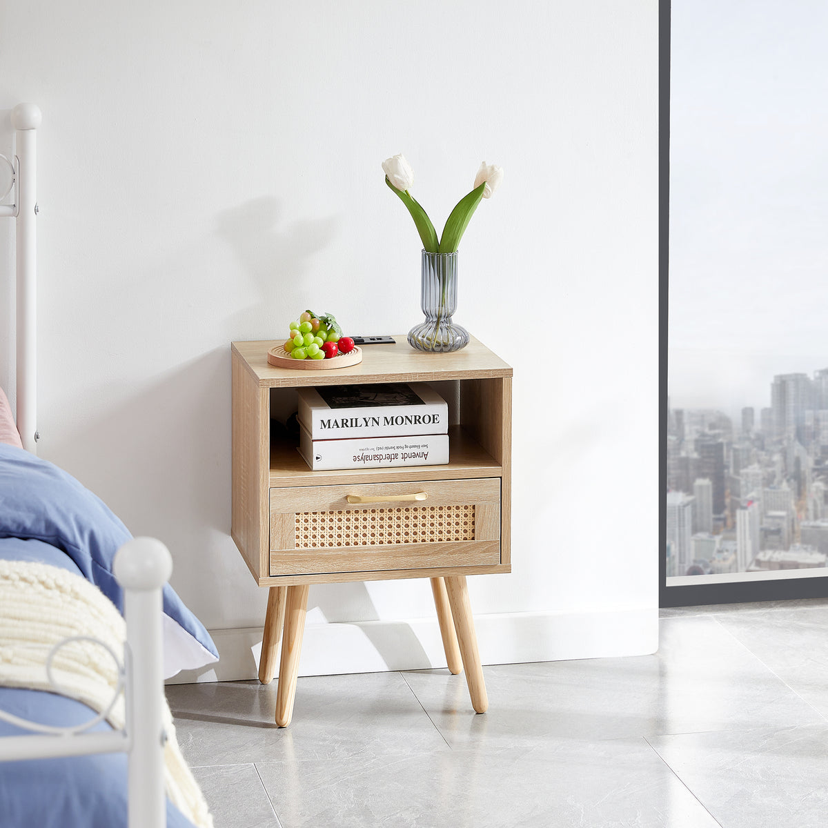 15.75' Rattan End table with Power Outlet  & USB Ports , Modern nightstand with drawer and solid wood legs, side table for living room, bedroom,natural
