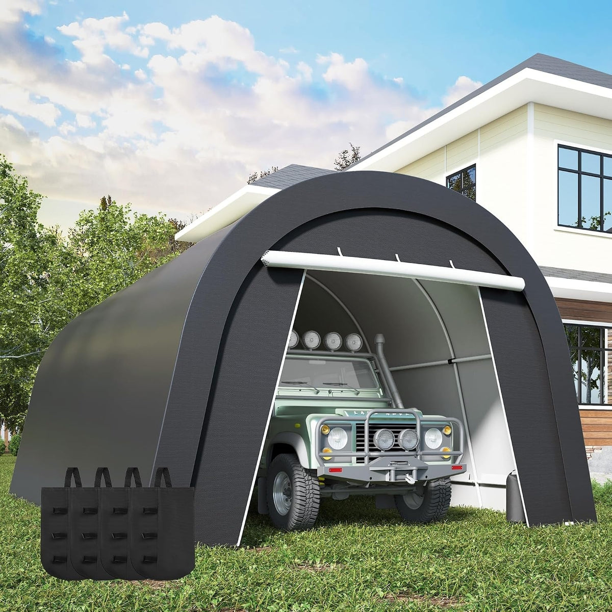 13x20 FT Heavy Duty Carport Canopy with 4 Sandbags, Enclosed Portable Garage Shelter Tent with 2 Zipper Roll-Up Doors & Round Roof for Cars, Trucks, Boats