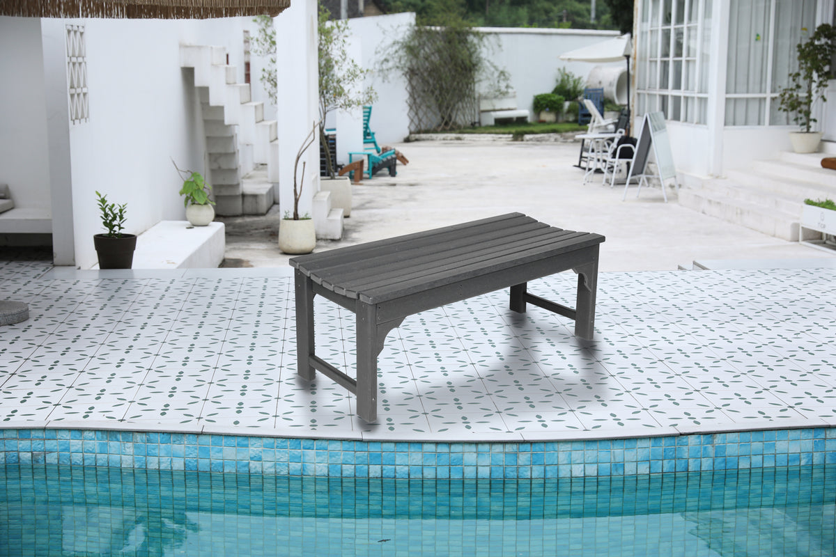 Backless HDPE Adirondack Bench with Wood Texture, Poly Lumber Seat for Patio, Backyard, Balcony, All Weather Resistant with UV Protection, Gray