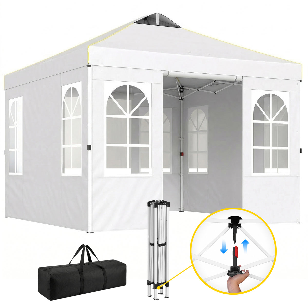 Outsunny 9.6 x 9.6 ft Pop Up Canopy Tent with Sidewalls, One Button Push Setup, UPF50+ Outdoor Portable Instant Canopy Shelter with Carry Bag, Sandbags, Adjustable Height for Parties Events, White