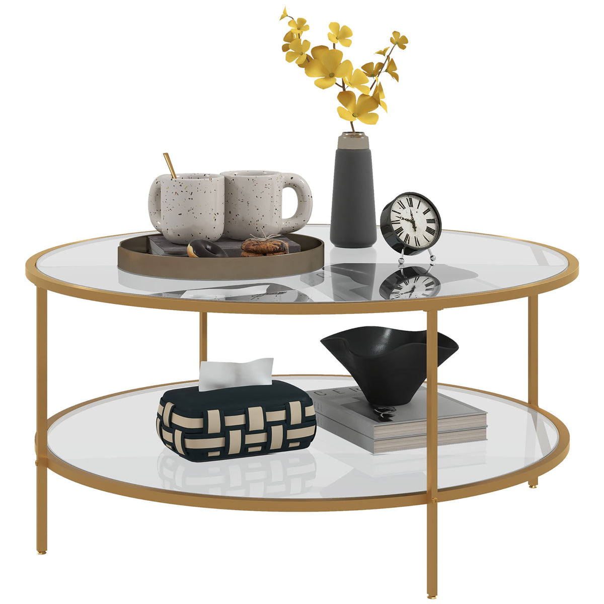 HOMCOM Side Table with Storage, 36' Round End Table, 2-Tier Tempered Glass Coffee Table with Steel Frame for Living Room, Gold