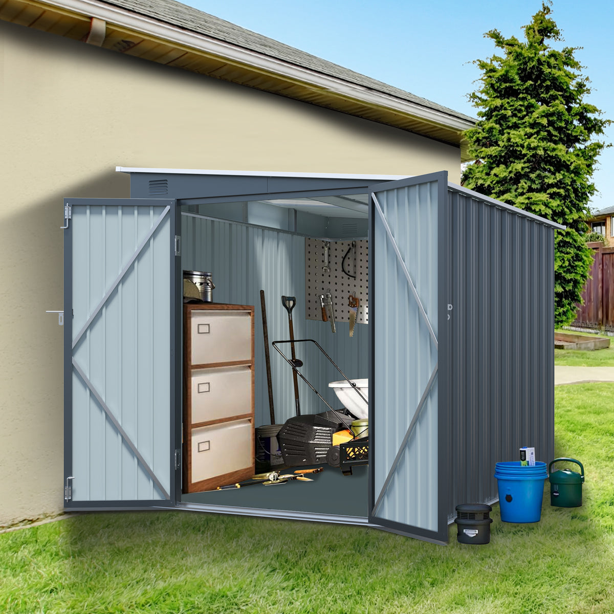 6x8FT Galvanized Steel Outdoor Storage Shed with Lockable Double Doors, Metal Lean to Shed with Free PC Light Board for Tools, Bikes & Patio Essentials (Without floors)