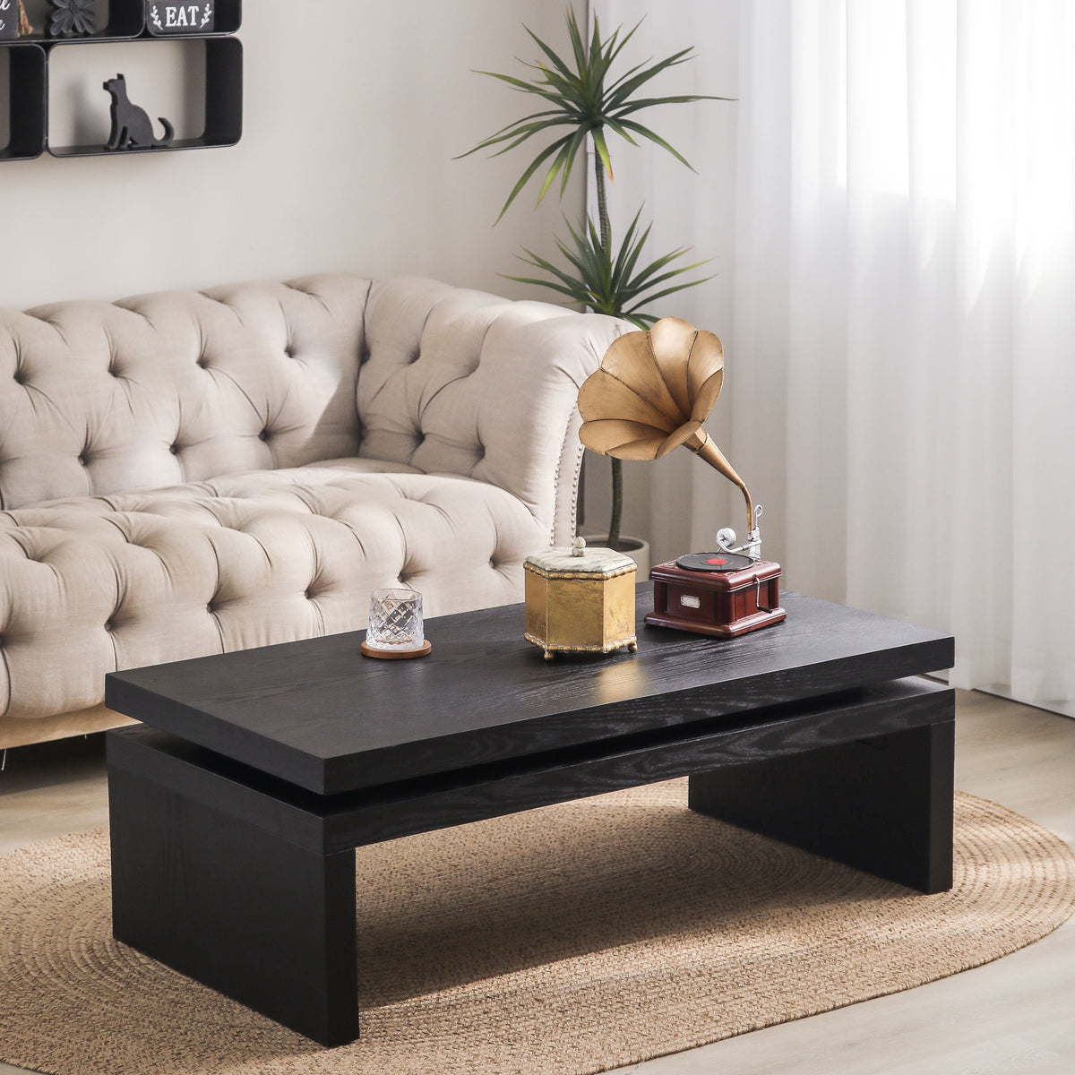 Modern Coffee Table, Black Wooden Coffee Table, Rectangle Cocktail Tea Table for Living Room, 47.6' L* 23.6' W * 16.3' H