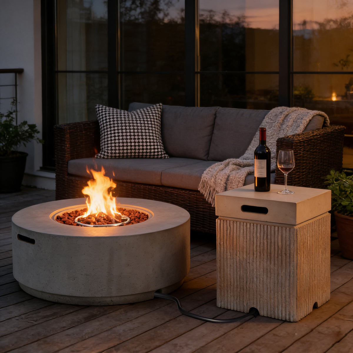 U_STYLE Outdoor Combo Set - 38.2' Round 50000 BTU MGO Propane Fire Pit & 15.75'' MGO 20lb Gas Tank Cover Side Table, Faux Stone Fire Pit with Steel Burner, Lava Rocks & Waterproof Cover for Garden