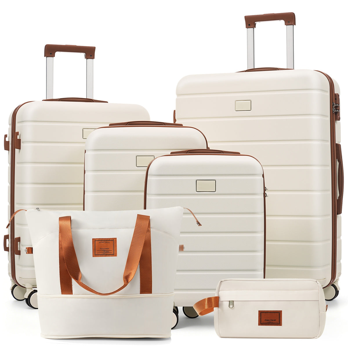 6-Piece Hardside Luggage Set with TSA Lock, 16/20/24/28 Inch Spinner Suitcase Set with Expandable Travel Duffel Bag & Waterproof Toiletry Kit, Adjustable Handle (ivory and brown)