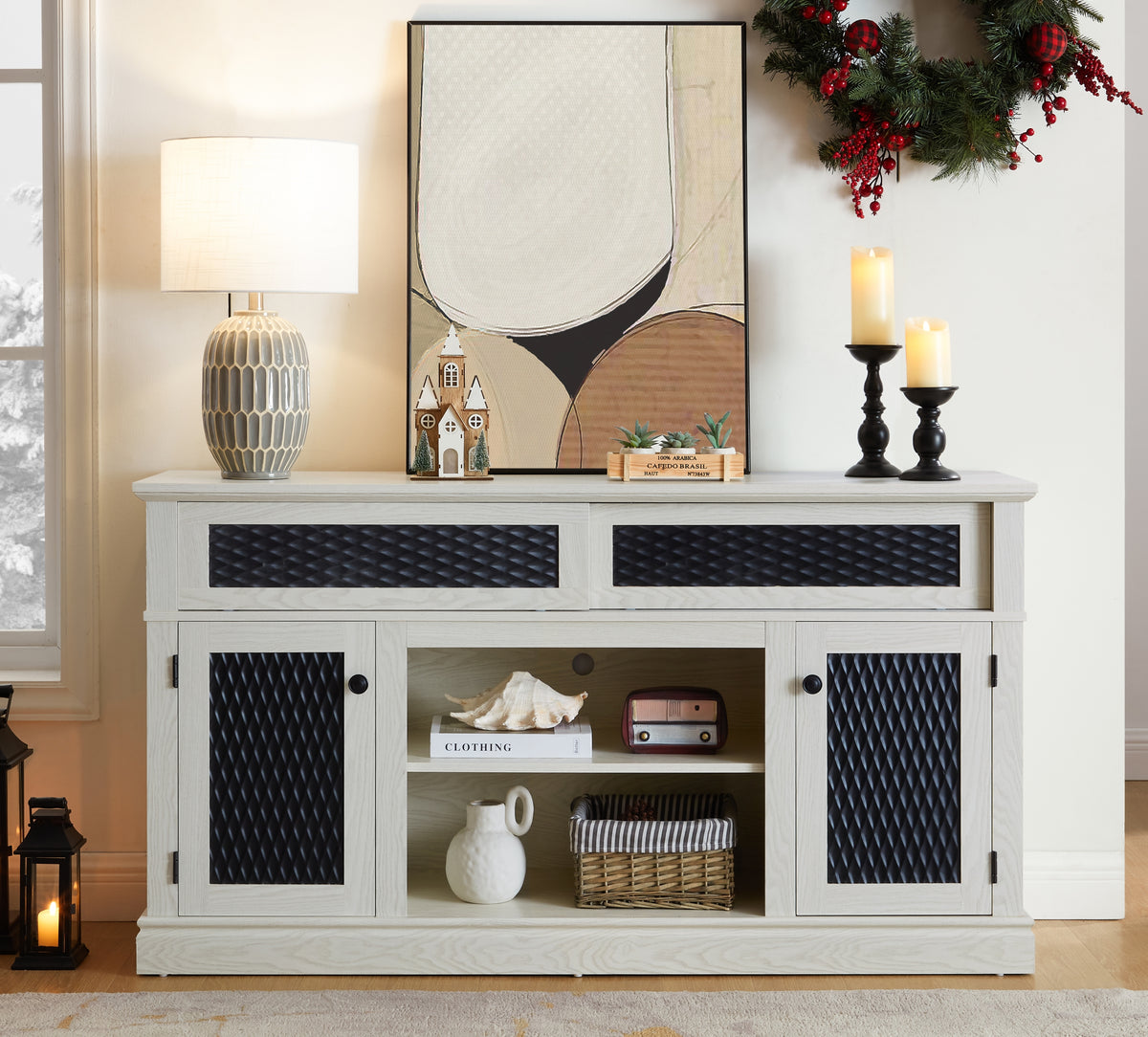 Embossed Pattern TV Stand, TV and Media Console with Open and Closed Storage Space and sliding door for Living Room & Bedroom,White, 58.27'W*15.35'W*31.7H