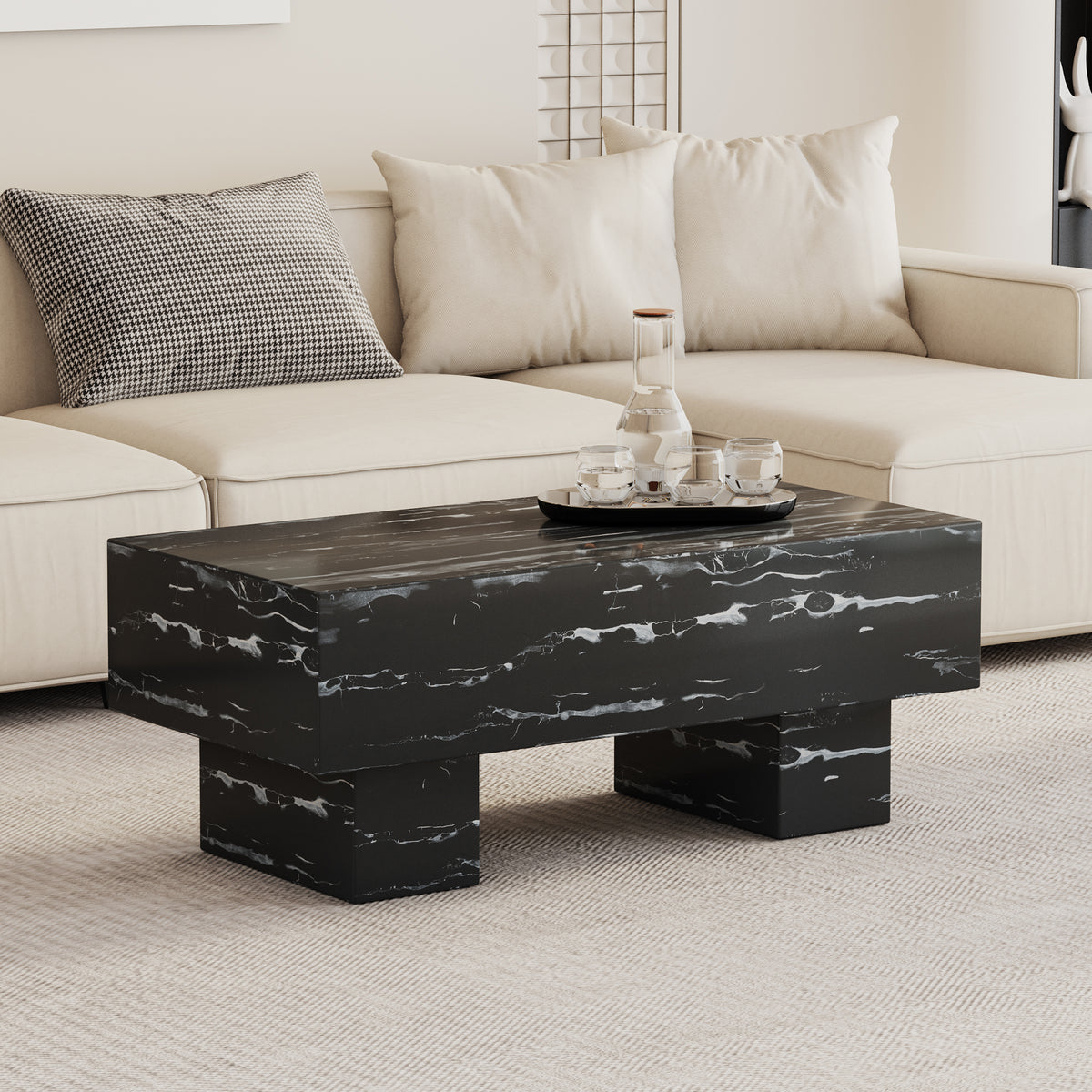 The black coffee table has patterns. Modern rectangular table, suitable for living rooms and apartments. 43.3'*21.6'*17.2'
