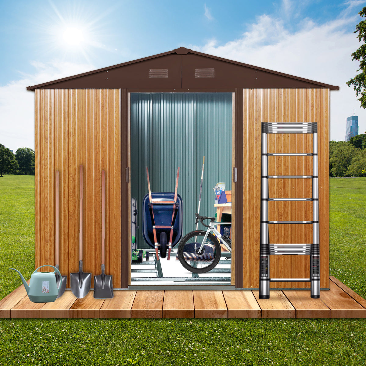 8ft x 6ft Outdoor Metal Storage Shed with Metal foundation,Coffee(W540S00014)(Upgraded version:W540S00079)