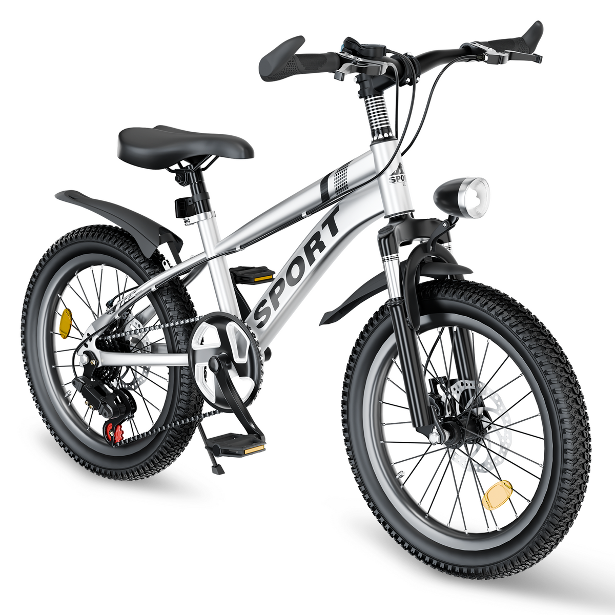 FKZNPJ 24 Inch Kids Mountain Bike for Boys & Girls Ages 7-12 – 7-Speed Gears, Dual Disc Brakes, Shock Absorber Front Fork, LED Light – Silver & Pink