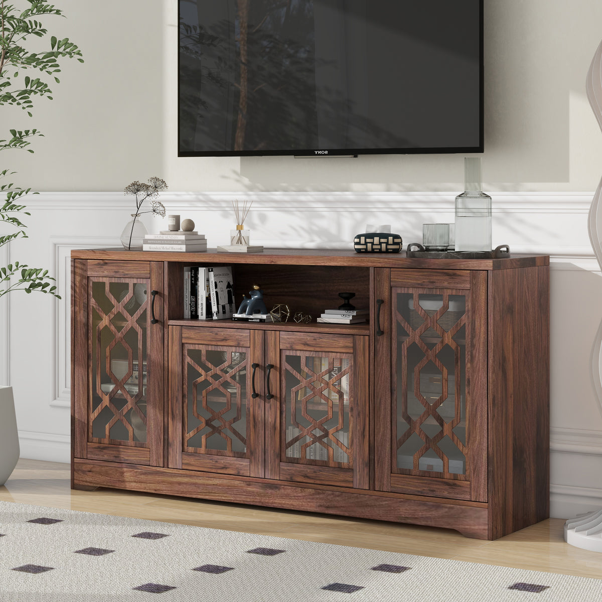 TV Stand for 65+ Inch TV, Rustic Media Console with Storage Shelves, Wood Television Stand for Living Room (Walnut) - White Label