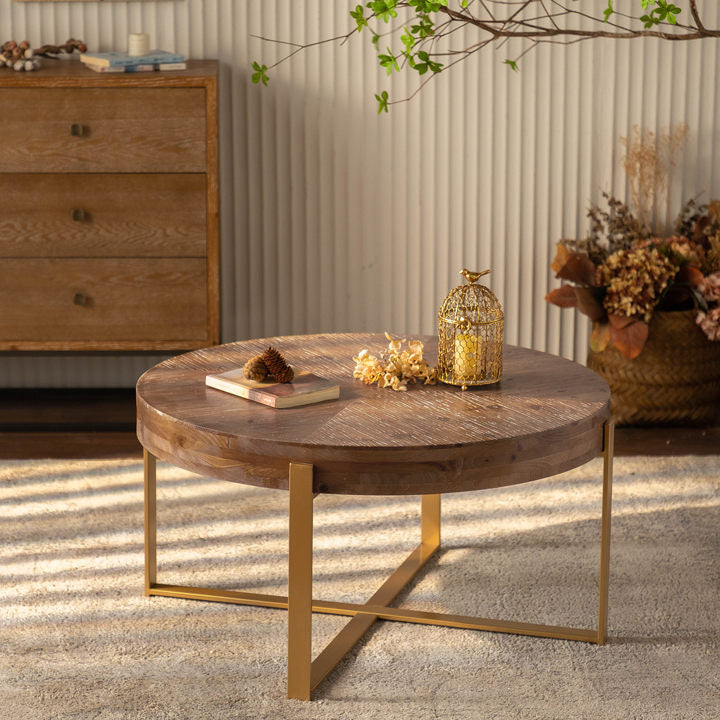 33.86'Modern Retro Splicing Round Coffee Table,Fir Wood Table Top with Gold Cross Legs Base(Same SKU:W757126236)