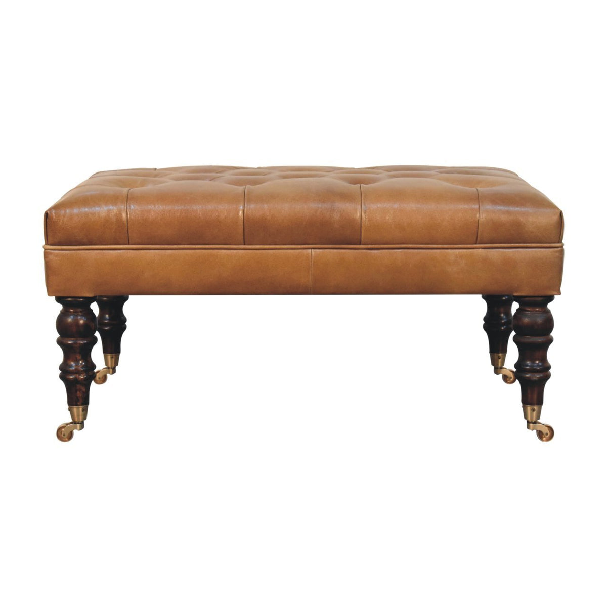 Artisan Furniture Solid Wood California Walnut Buffalo Leather Ottoman with Castor Legs
