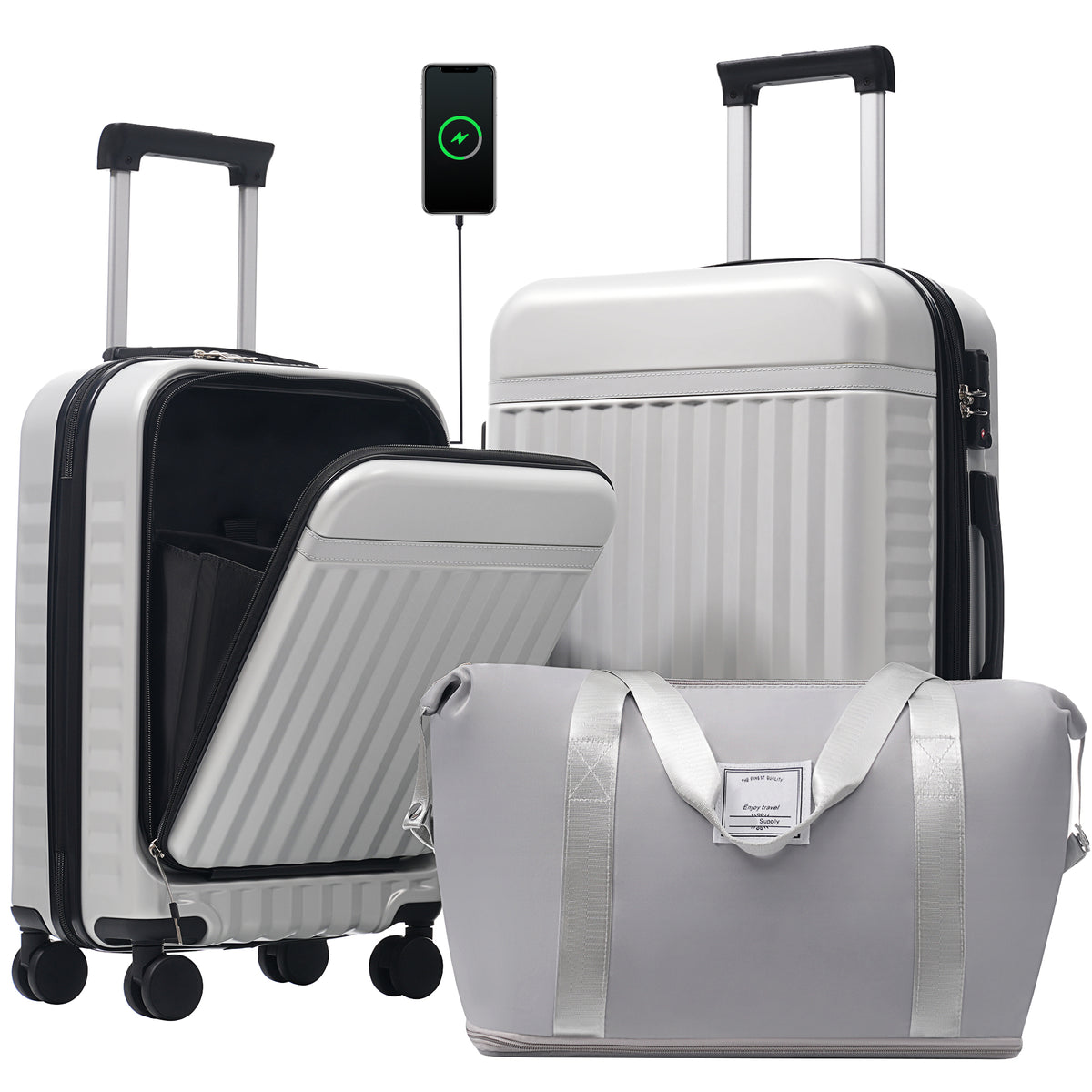 Front Opening Luggage Set 3 Piece, Hardside Carry on Suitcase with USB Port, Expandable Luggage with Handle Bag Spinner Wheels TSA Lock