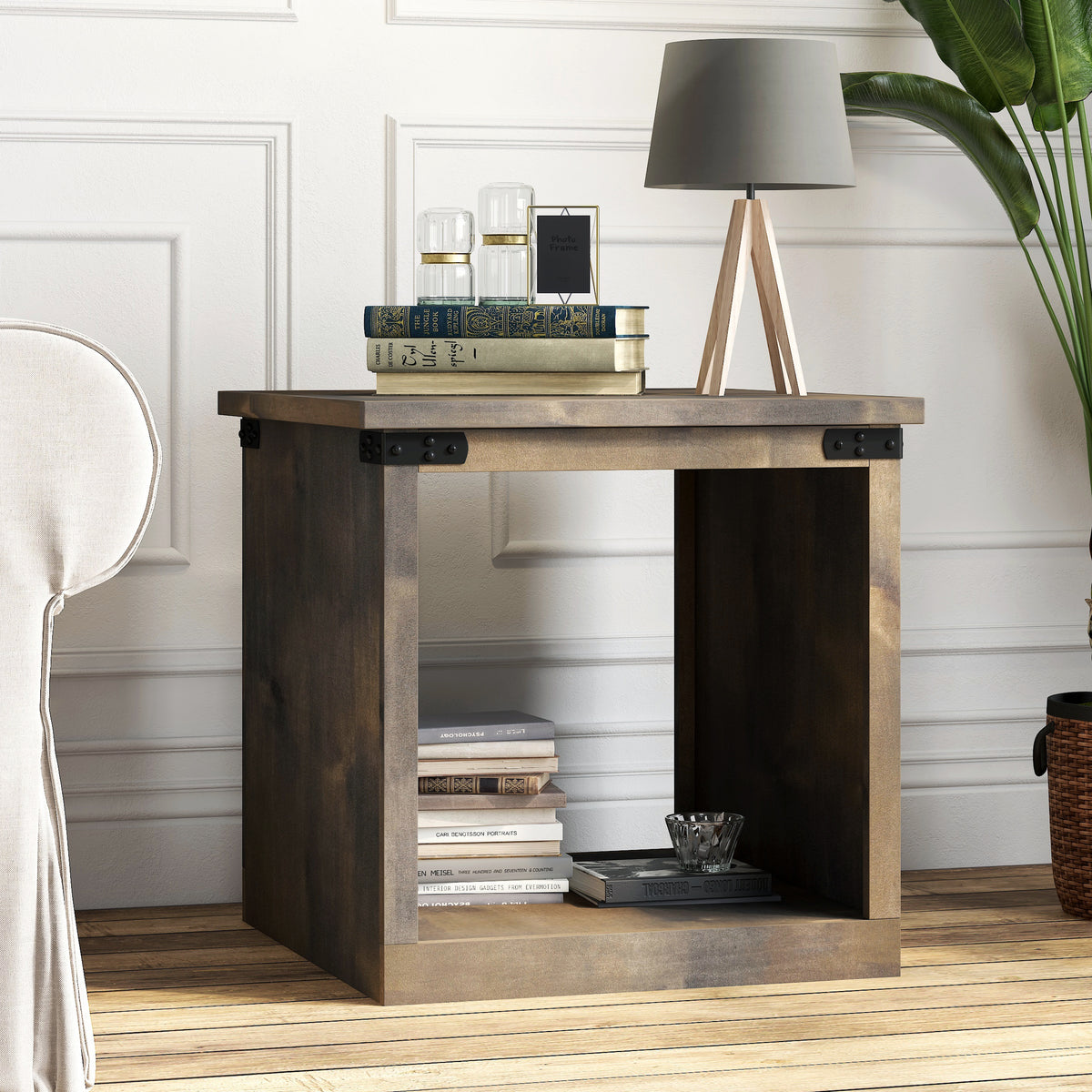 24 inch Side Table, No Assembly Required, Barnwood Finish
