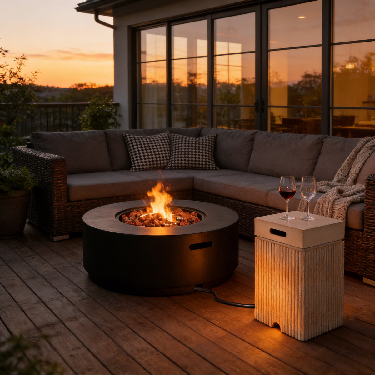 U_STYLE Outdoor Combo Set - 38.2' Round 50000 BTU MGO Propane Fire Pit & 15.75'' MGO 20lb Gas Tank Cover Side Table, Faux Stone Fire Pit with Steel Burner, Lava Rocks & Waterproof Cover for Garden