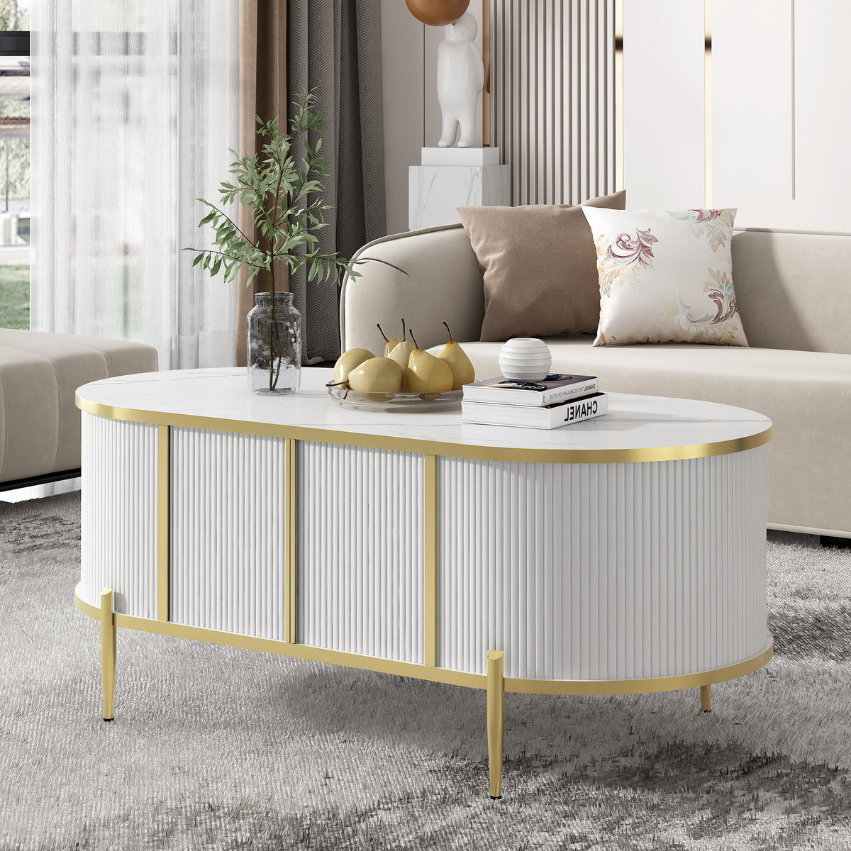 U-Can Modern Luxury Oval shaped Fluted Coffee Table, Marble-patterned Top Coffee Table with 2 Cabinets, Metal Legs and Handles for Living Room, White