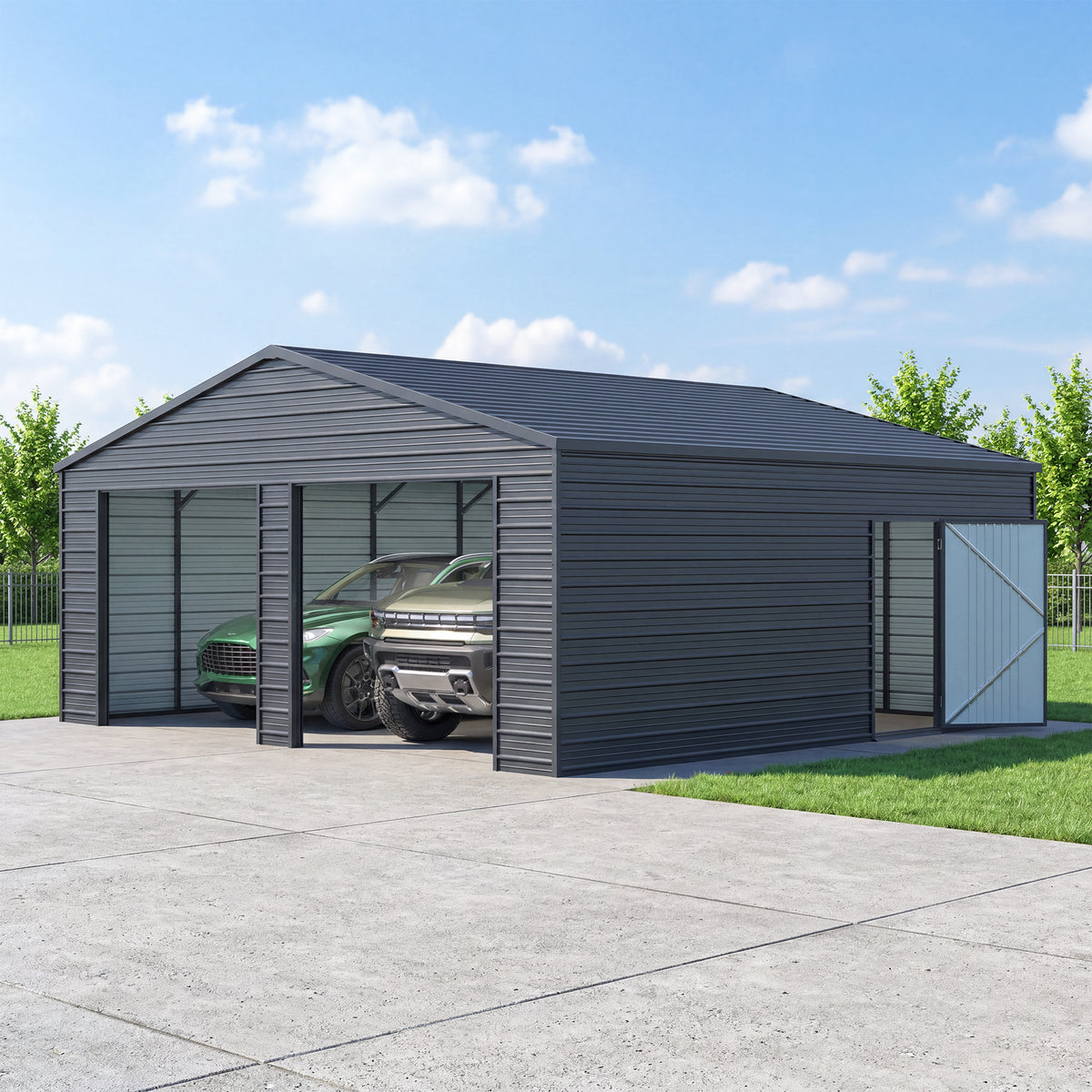 22' x 23' Heavy-Duty Metal Garage Shed with Side Door for Vehicle parking, Workshops, Farm Equipment