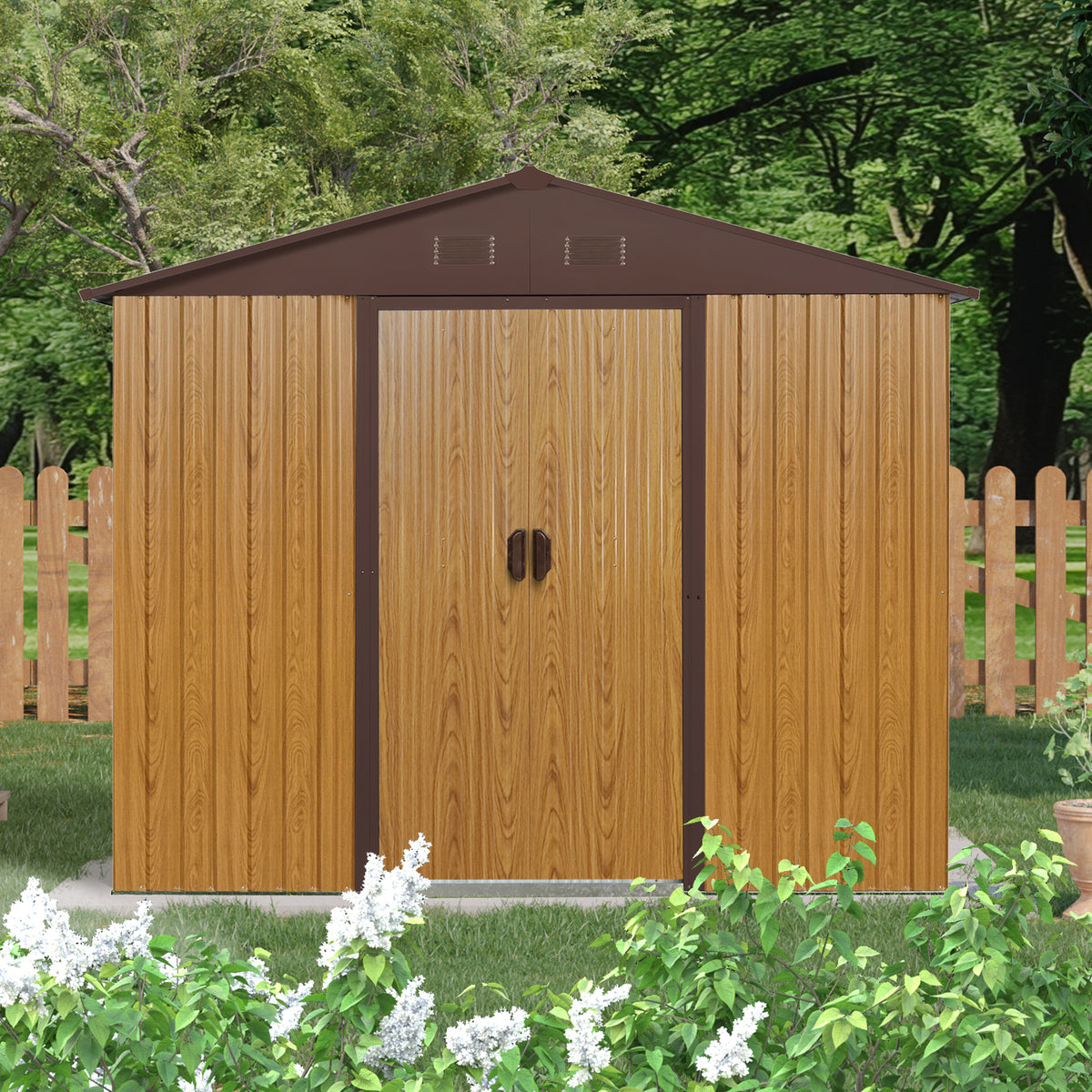 8ft x 4ft Outdoor Metal Storage Shed with Sliding Door and foundation for Backyard, Patio, Lawn  (Coffee)(Upgraded version:W540S00087)
