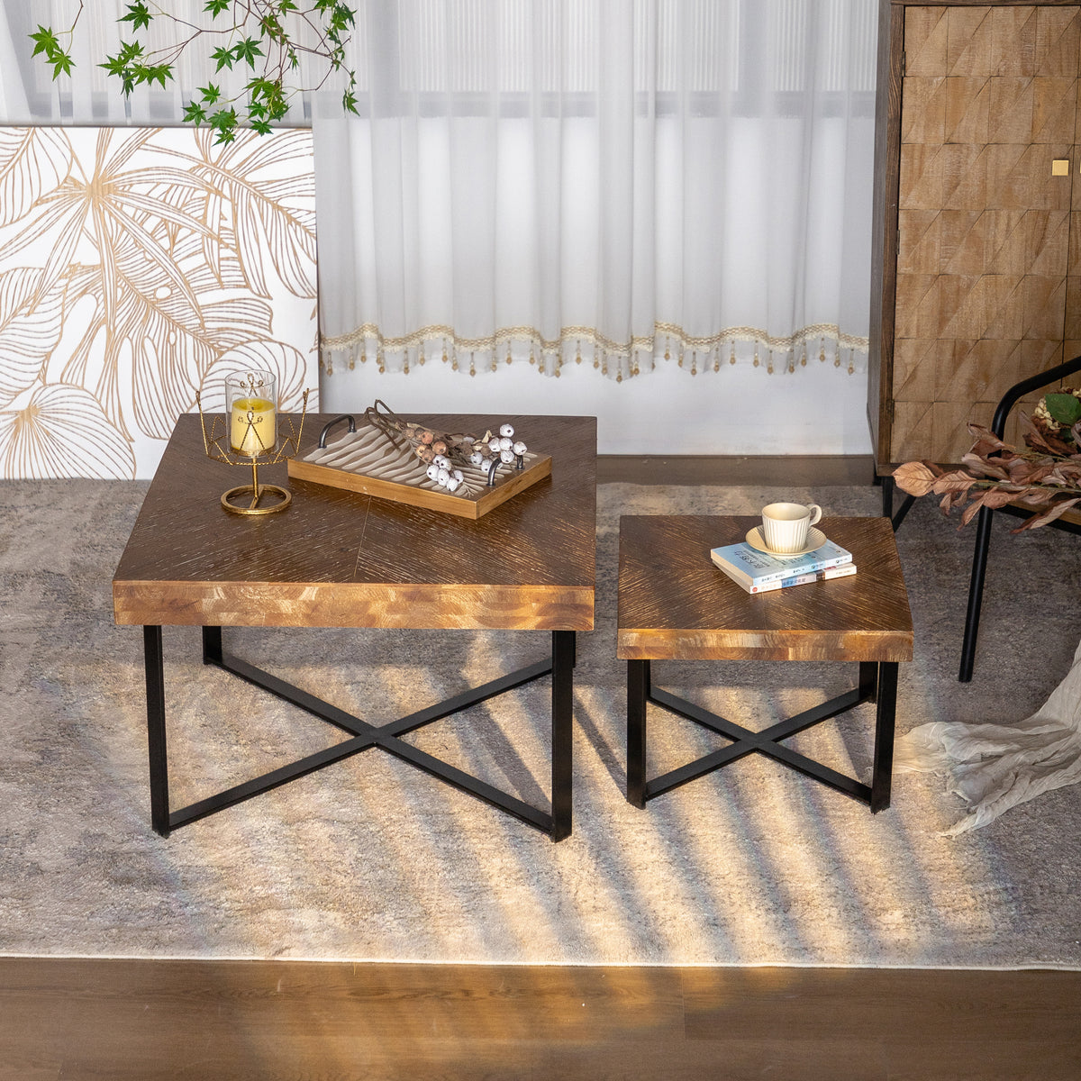 31.3'Modern Retro Splicing Square Coffee Table , Fir Wood Table Top with Cross Legs Metal Base (Set of 2 pcs )