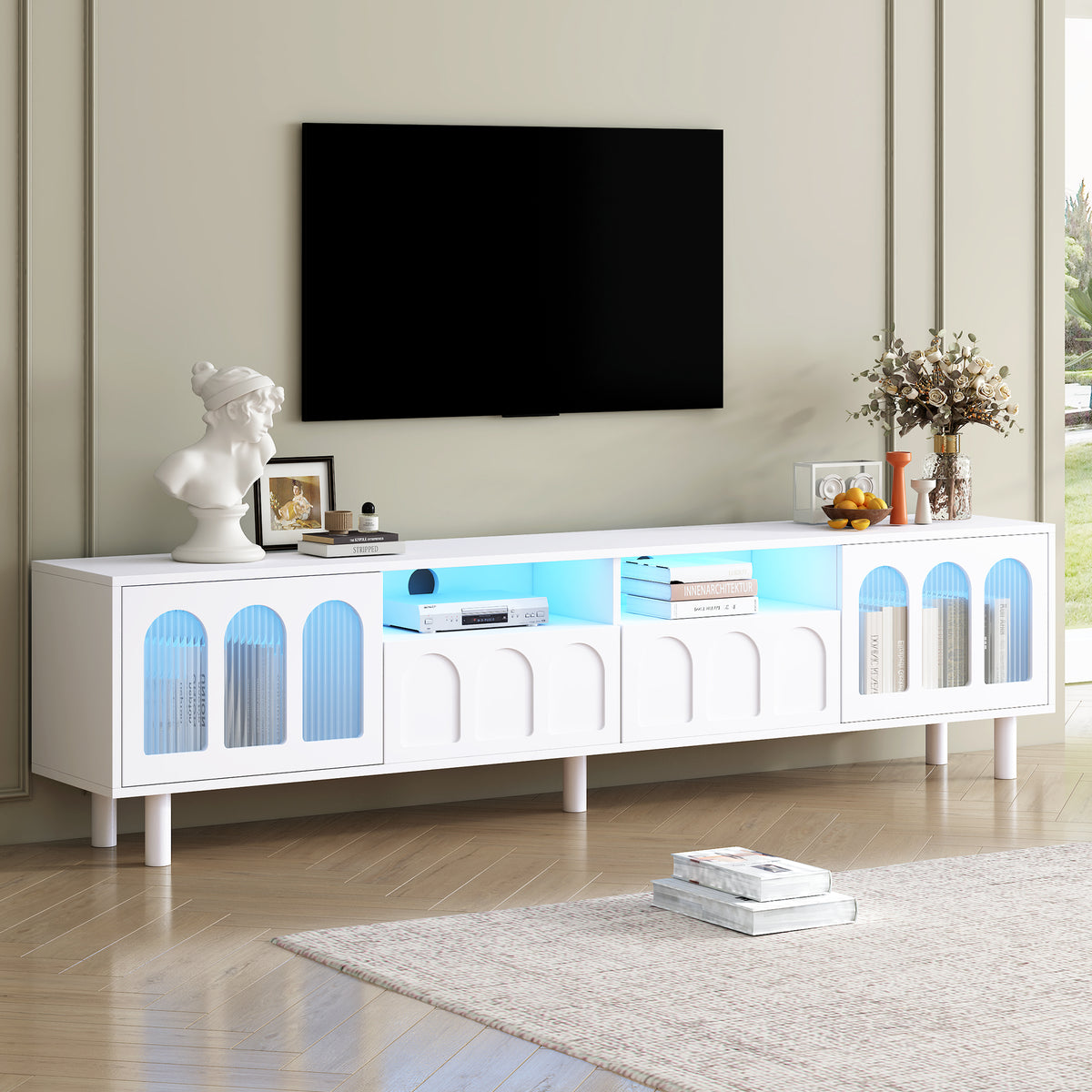 ON-TREND Cream Style TV Stand with LED Light Strip for TVs Up to 80'', Graceful Entertainment Center with 5 Solid Wood Legs, Large Storage Media Console with Fluted Tempered Glass Doors, White