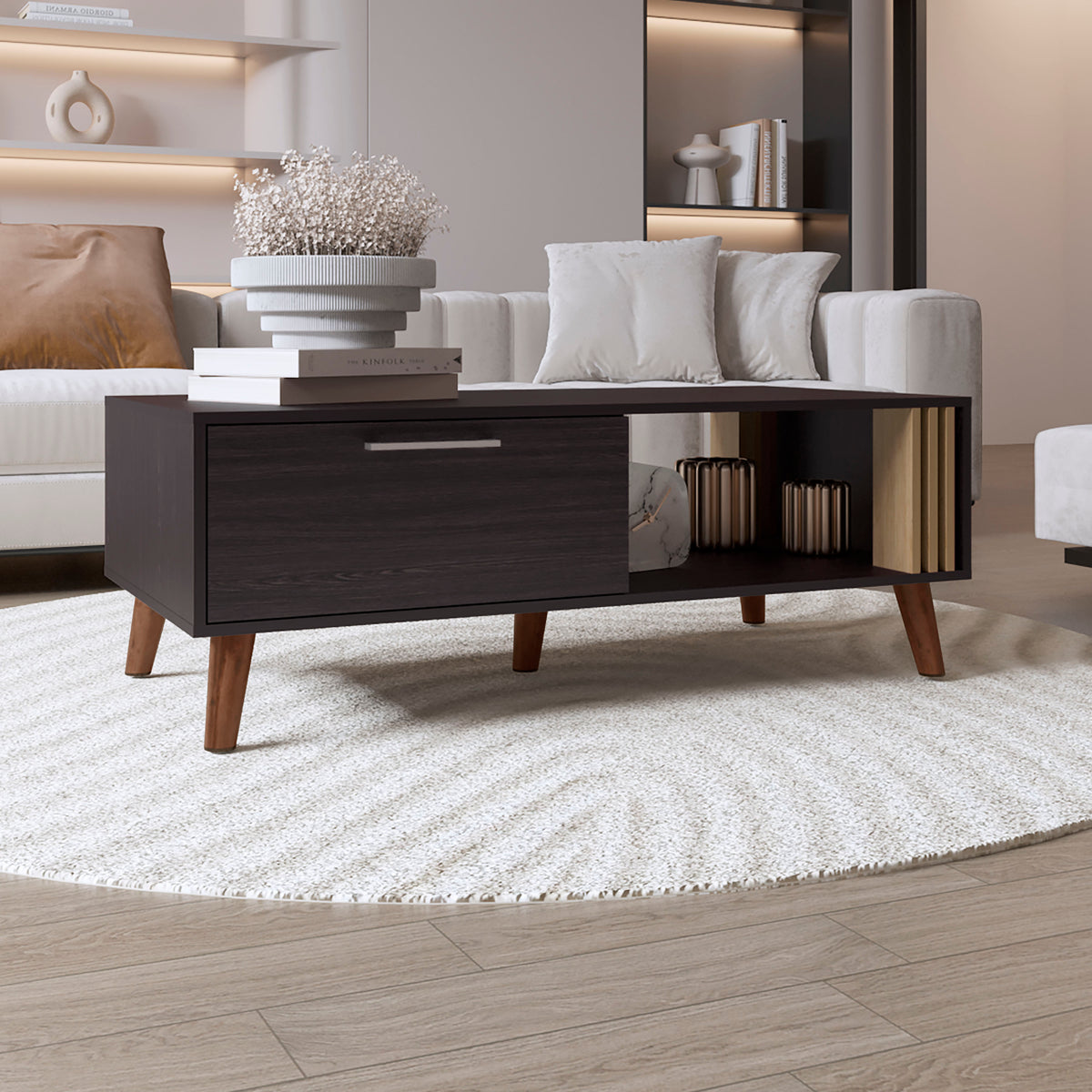 Vance 47' Wide Coffee Table with One Open Shelf and One pull Down Cabinet Door, Living Room, Storage Black Wengue and NAtual Oak