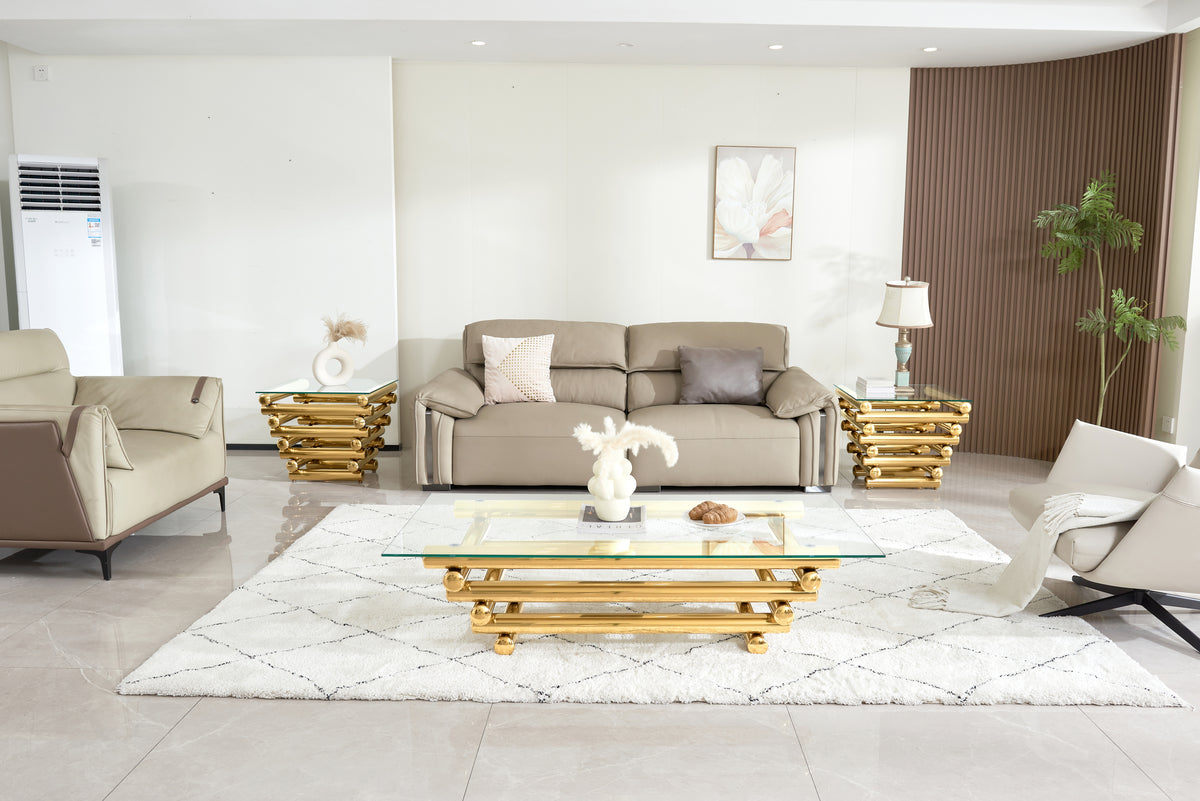 Modern Stainless Steel Coffee Table Set (Set of 3), Clear Tempered Glass Table Top, Coffee Table & End Side Table 3-Pieces Sets for Living Room, Gold