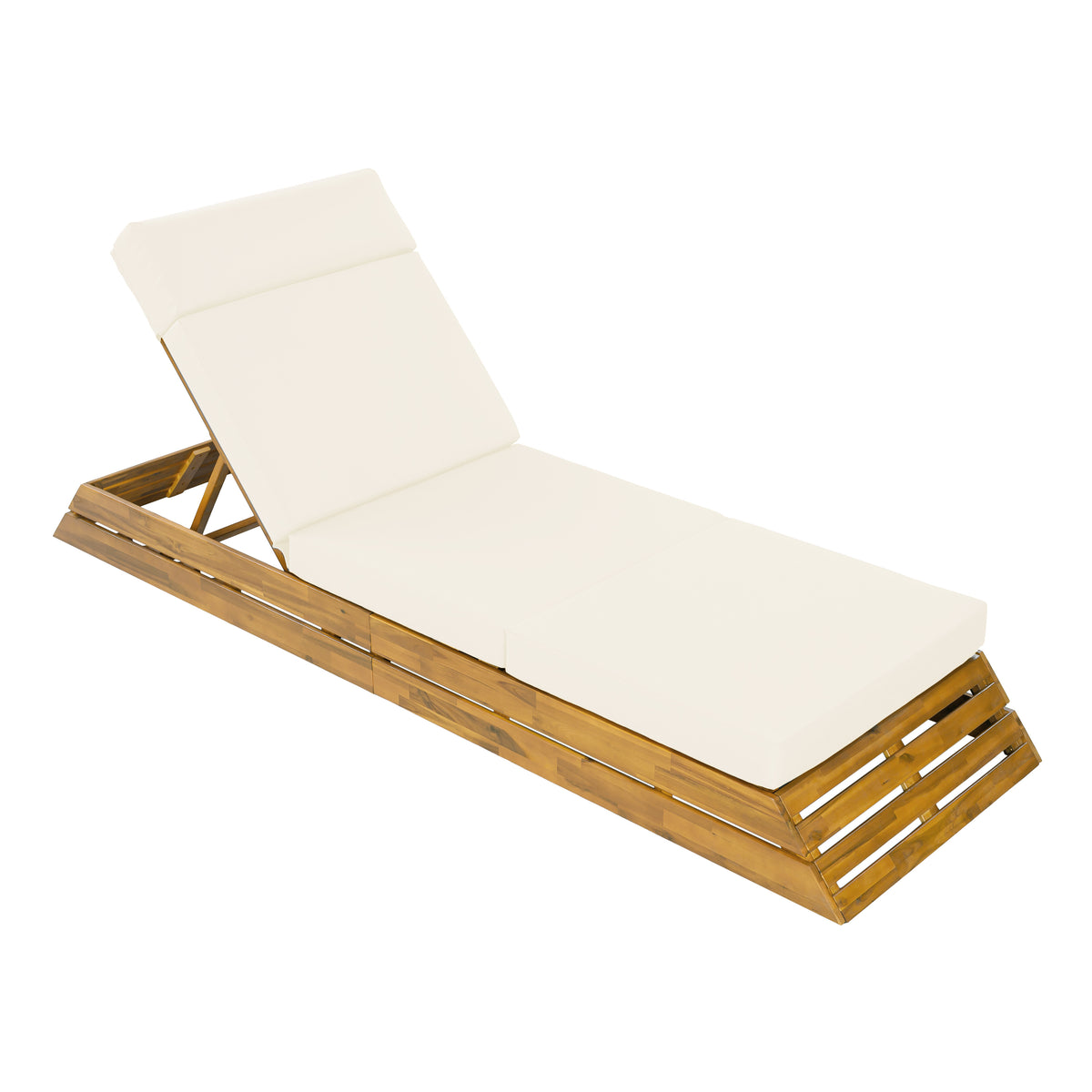 Acacia Wood Teak Finish Chaise Lounge Set with Beige 4-Fold Cushion and Built-In Headrest, 3-Position Adjustable Backrest, Water Resistant for Patio Poolside Use