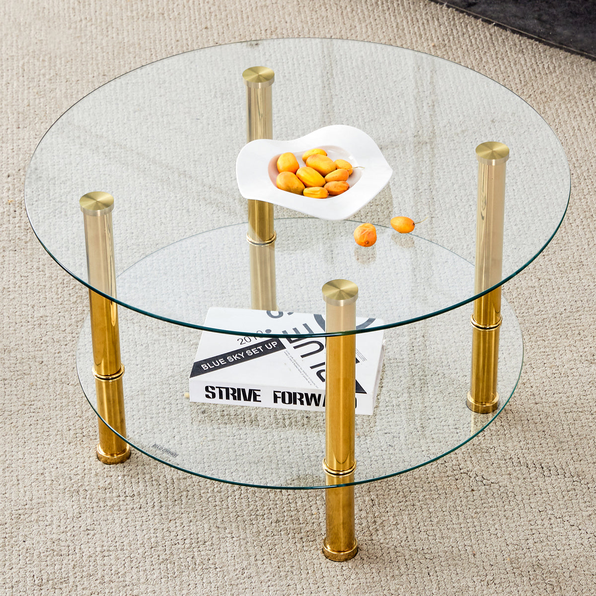 Contemporary Minimalist Double Layer Tempered Glass Coffee Table - 27.5' Top and 23.6' Bottom.Reinforced Glass Tabletop,Stainless Steel Golden Plated Legs.