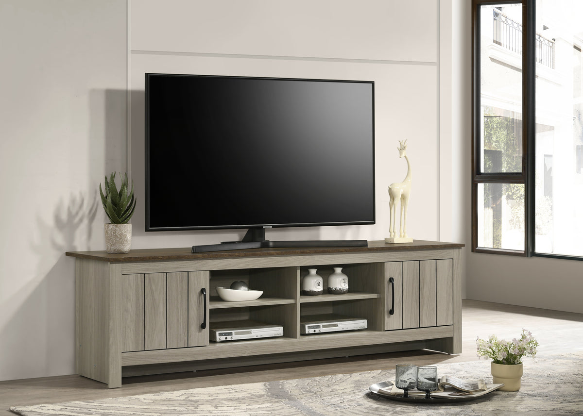 Nyla 68.5'W Gray Oak TV Stand with Shelves and Cabinet Doors