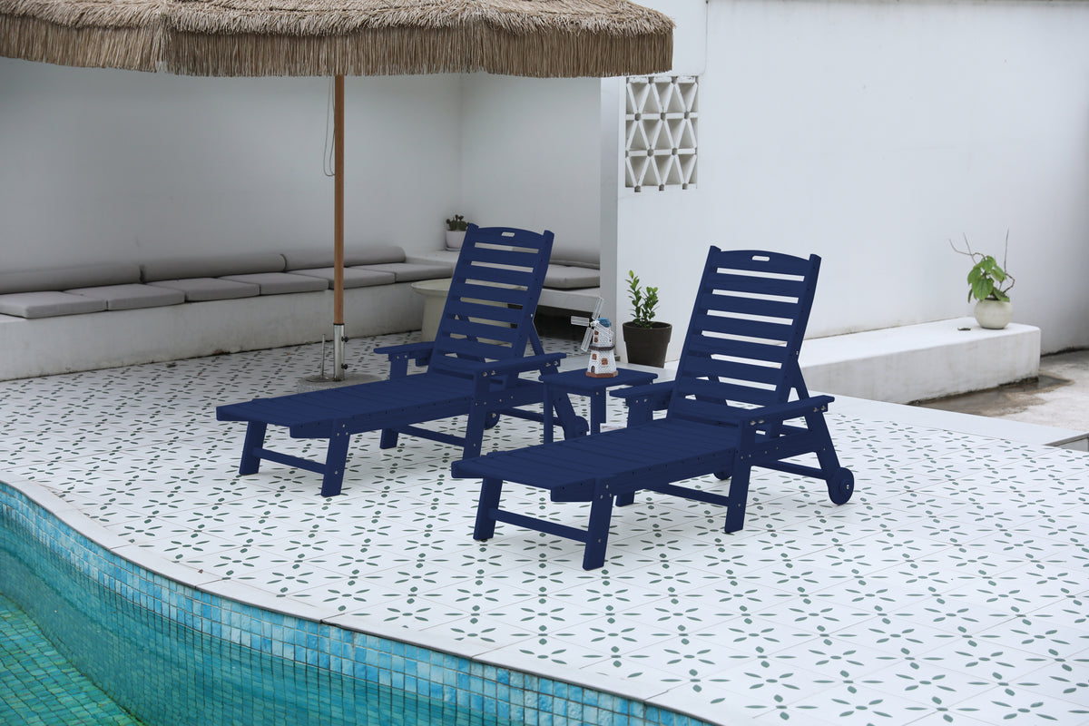 Lounge Chair with Side Table, 3-Piece Oversized Chaise Lounge Chair Set with Wood Texture,Navy Blue,All Weather Patio Lounge Chair with 5 Positions,Wheels&Cup Holder(include 2Lounge chairs and 1Table)